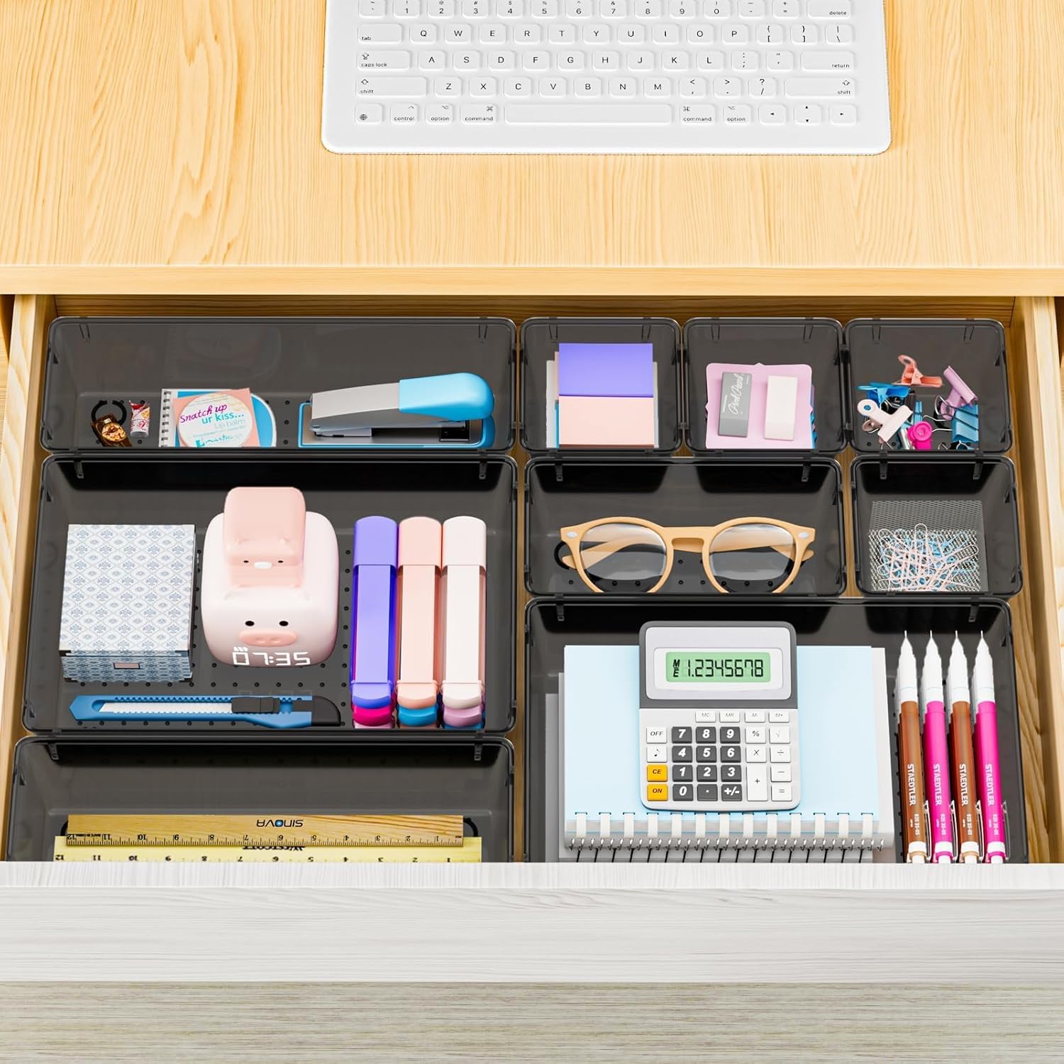 SpaceHacks 25 PCS Plastic Drawer Organizer Set, 4-Size Versatile Organizer Trays & storage Bins for Makeup, Jewelry, and Gadgets in Bathroom, Bedroom and Office,Clear Black - Image 7