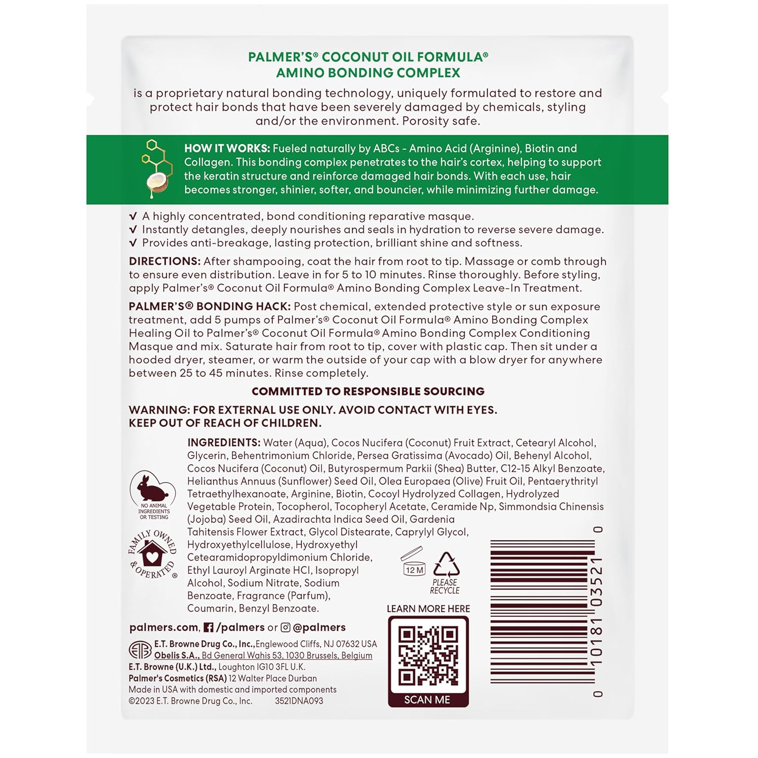 Palmer's Amino Bonding Complex Hair Mask, Intense Conditioning Masque Pack with Coconut Oil & Vitamin E, Heat Protectant, Anti Frizz, Adds Shine, Protects Hair Growth, All Hair Types, 2.1 oz packette - Image 9