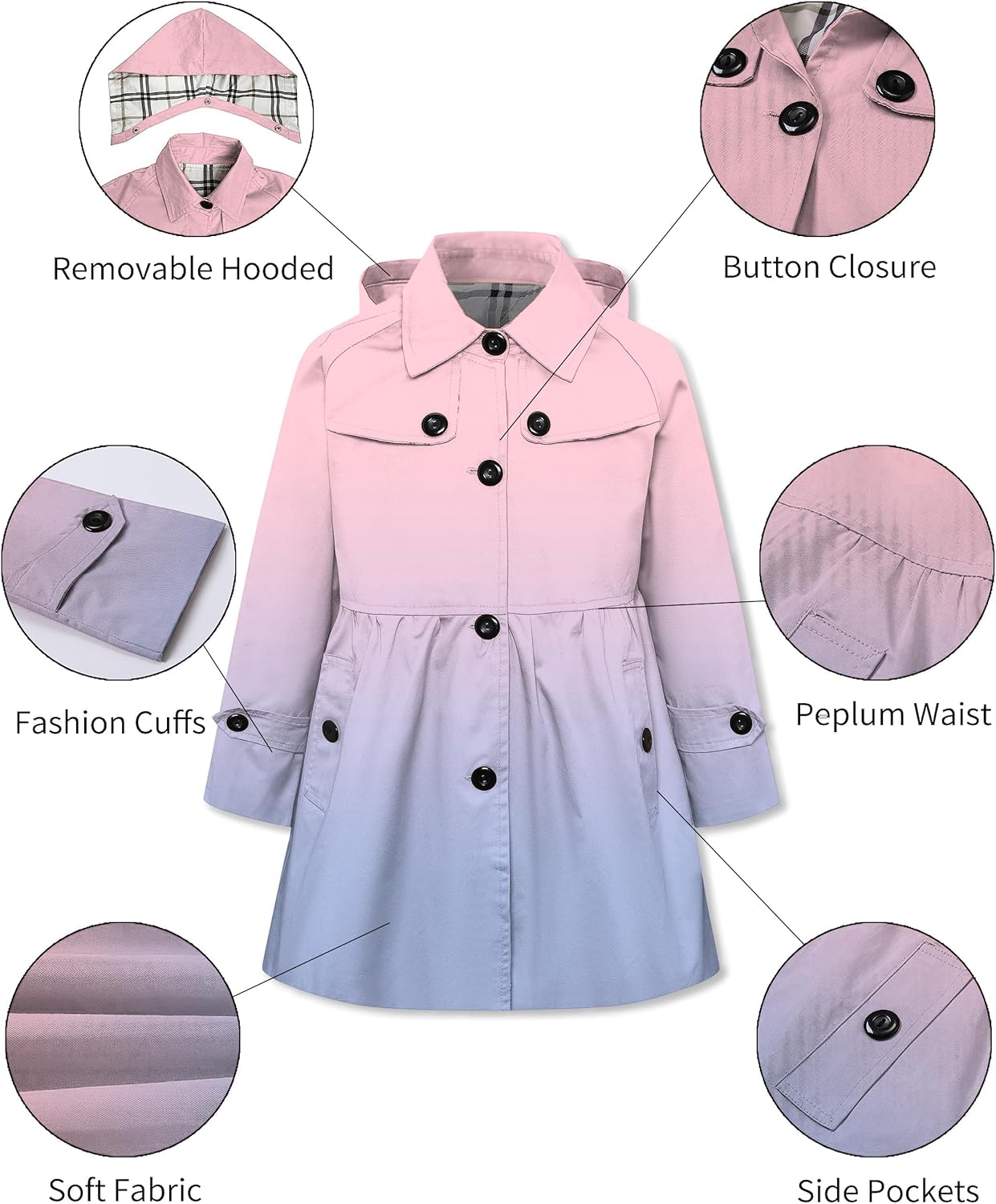 Betusline Girl's Rain Jackets Lightweight Waterproof Hooded Trench Coat Raincoats for Kids,2-14 Years - Image 5