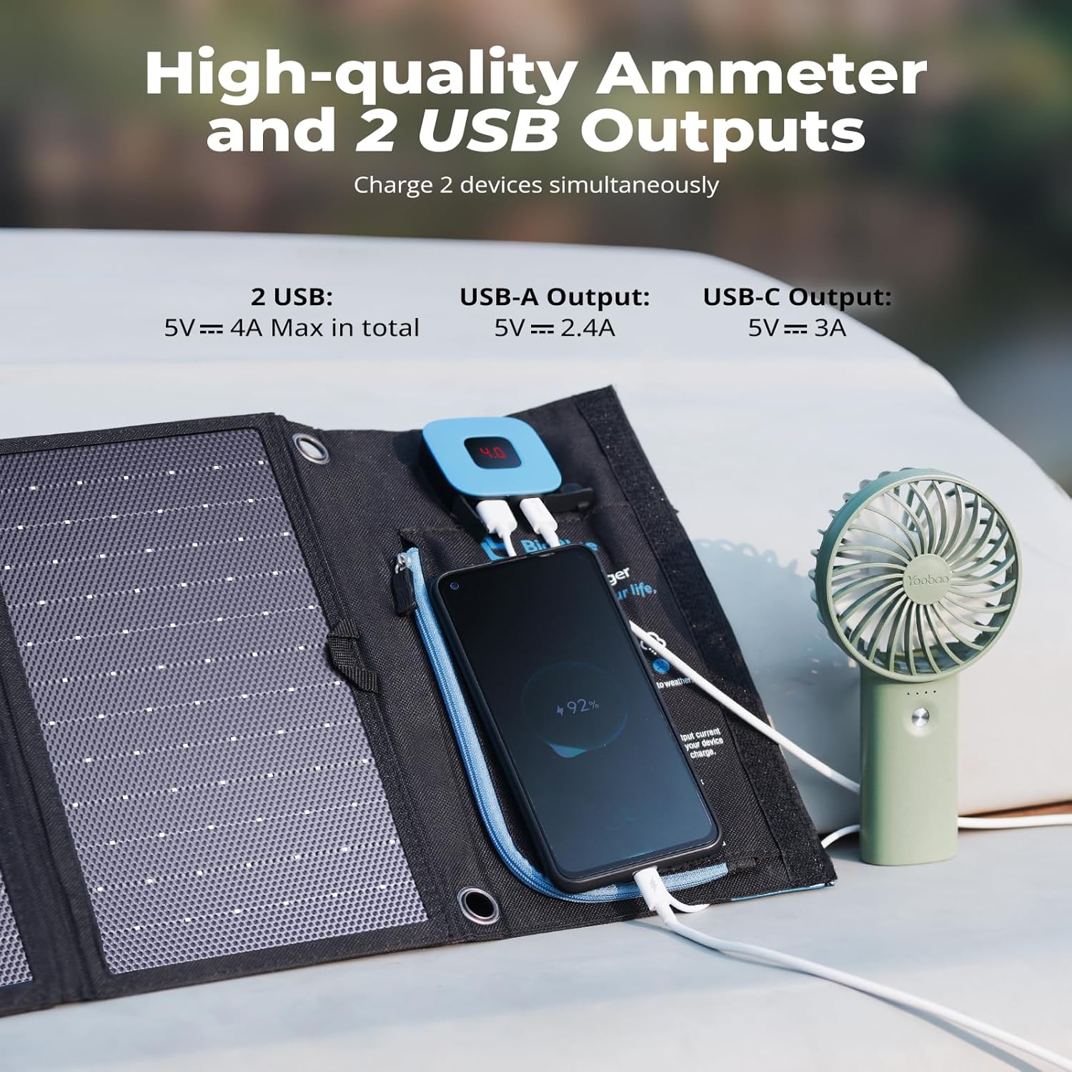 BigBlue Portable Solar Charger 28W with Digital Ammeter,25.4% High-Efficiency, USB-A/USB-C Ports, Folding Waterproof Solar Panels with Carabiners for Camping, Backpacking, Phones, Tablets, Power Bank - Image 3