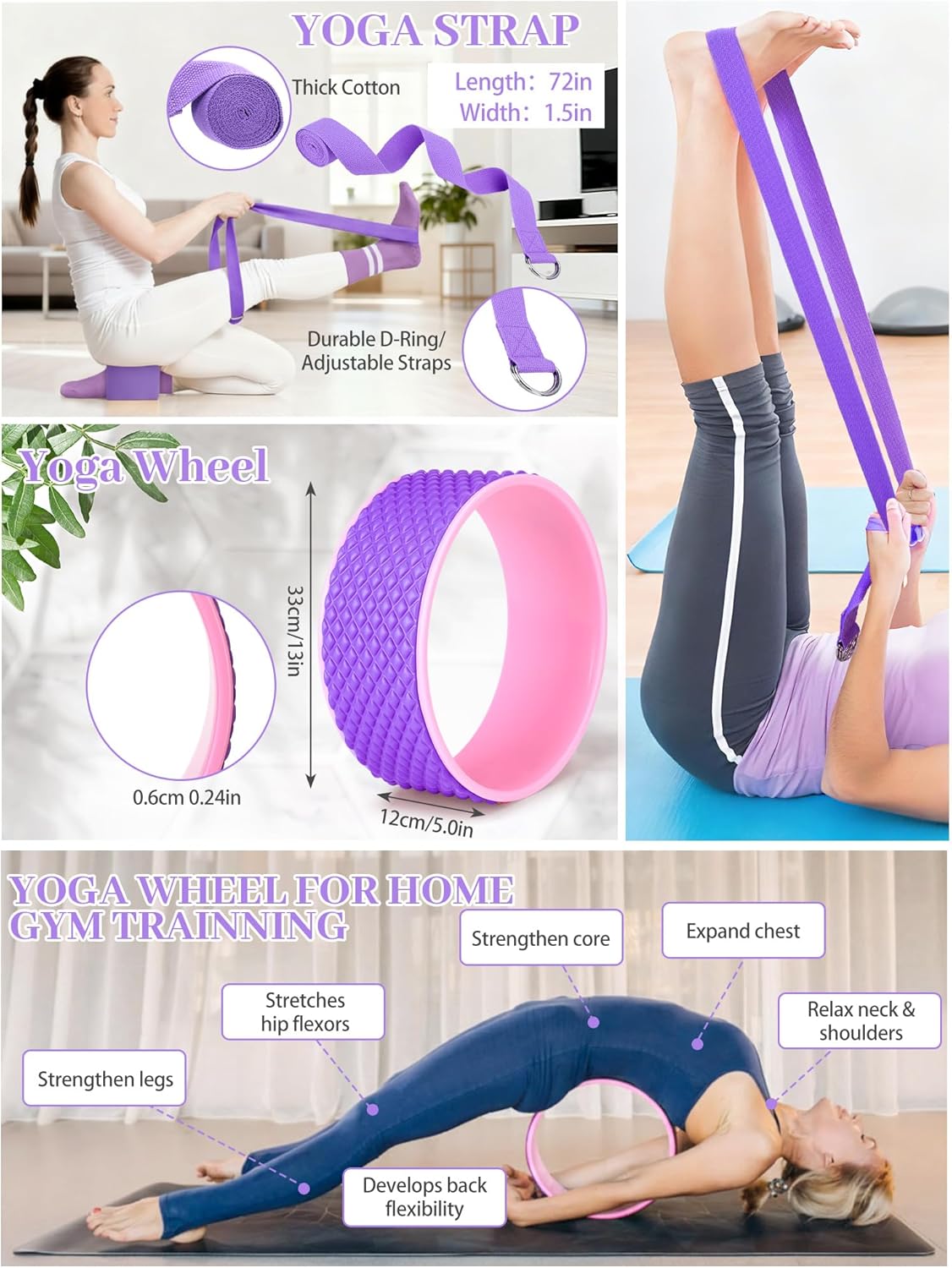 Gemscream 17 Pcs Yoga Essential Kit for Women, Pilates Equipment Starter Set for Beginners with Yoga Wheel Ball Blocks Strap Resistance Bands Wrist Rings Socks Towel & Carry Bag for Home Workouts - Image 4