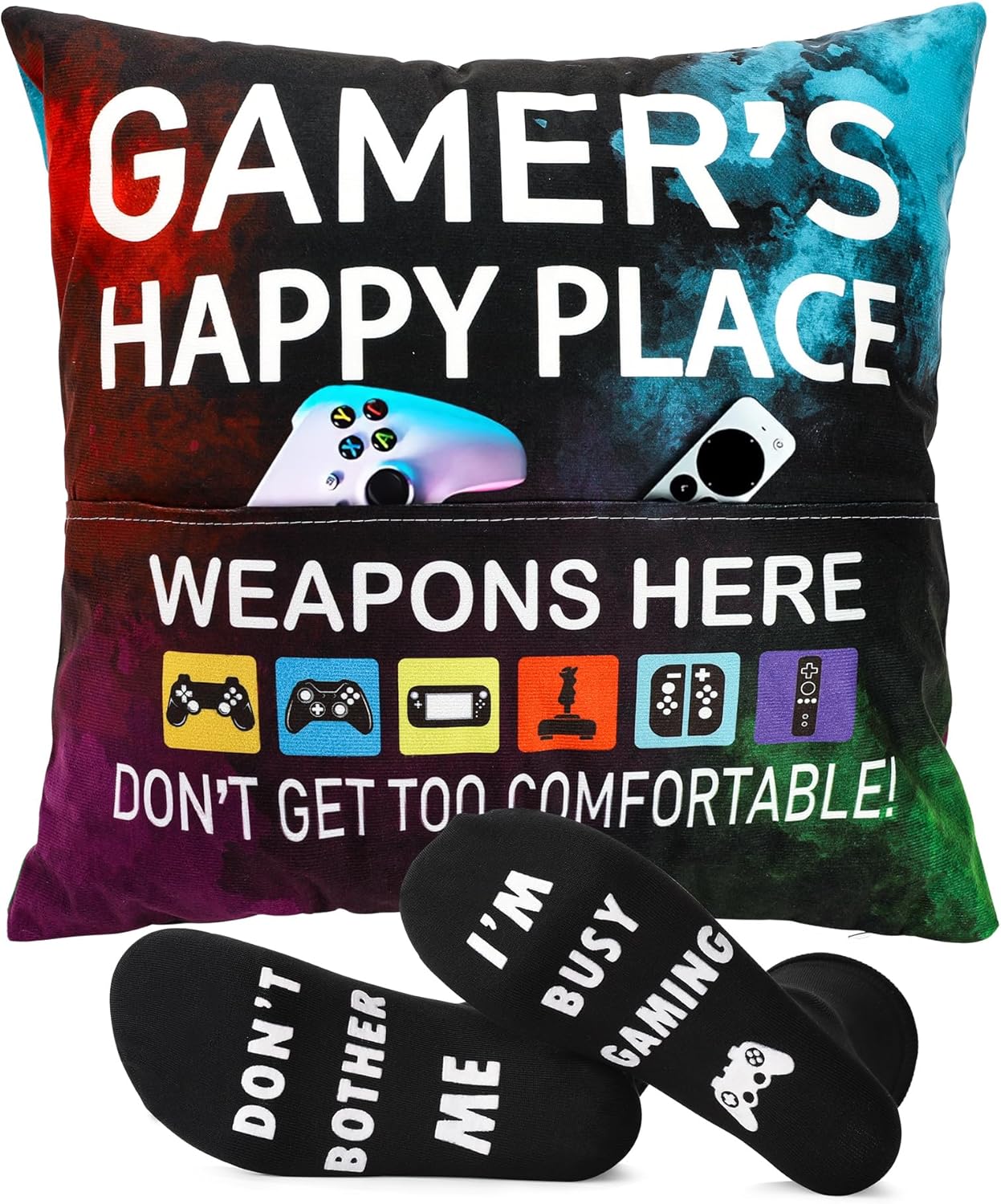 OCCdesign Gamer Gifts for Teenage Boys Men, Gaming Room Decoration, Gamer Pillow Cover and Game Socks Gifts Set, Christmas Stocking Stuffers Ideas for Teens Boys Girls Men Father Boyfriends 18" x 18" - Image 8