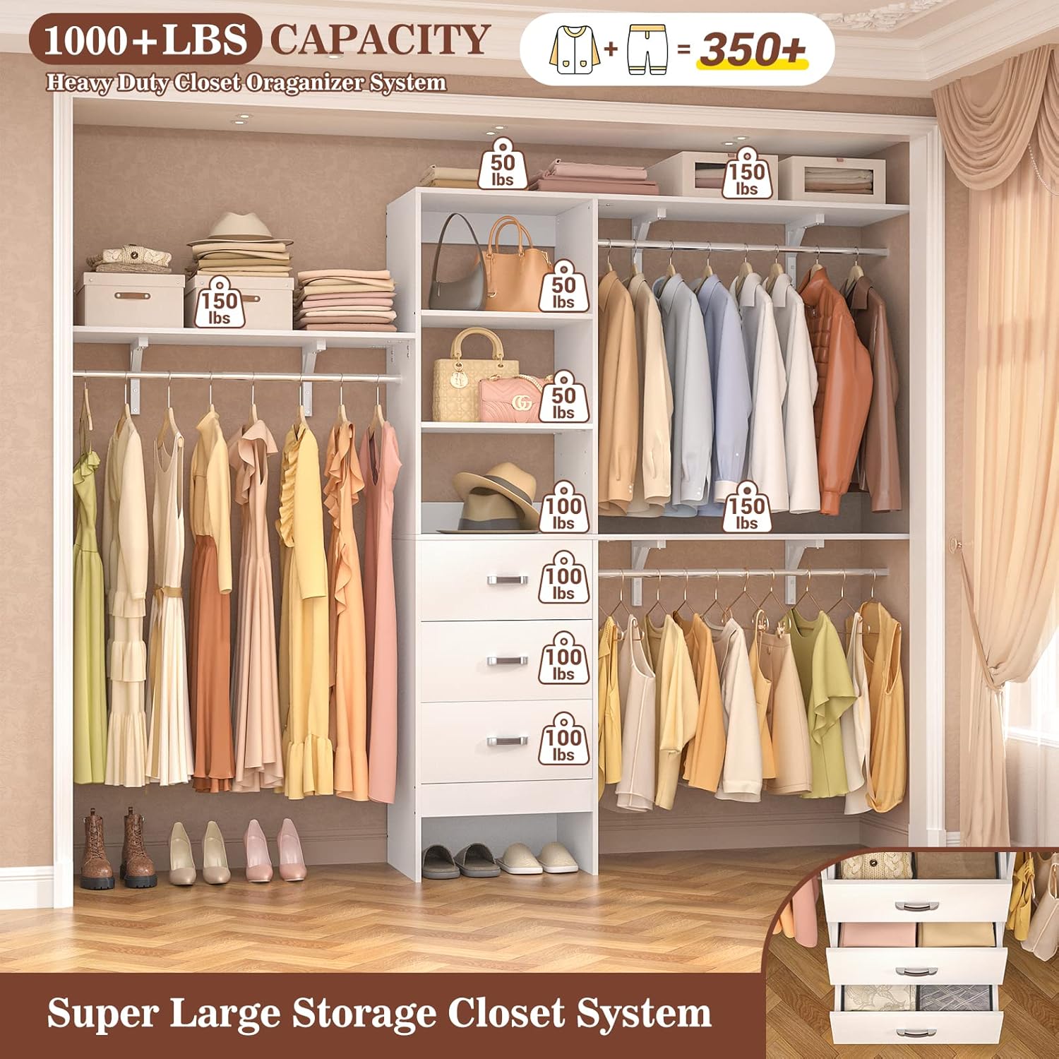 8FT Closet System, 96'' Closet Organizer System with 3 Hanging Rods, Wall Mount Bedroom Wardrobe with 3 Drawers Walk-in Closet, Adjustable Cloth Garment Rack from 5 to 8FT (Cut to Fit), White - Image 3
