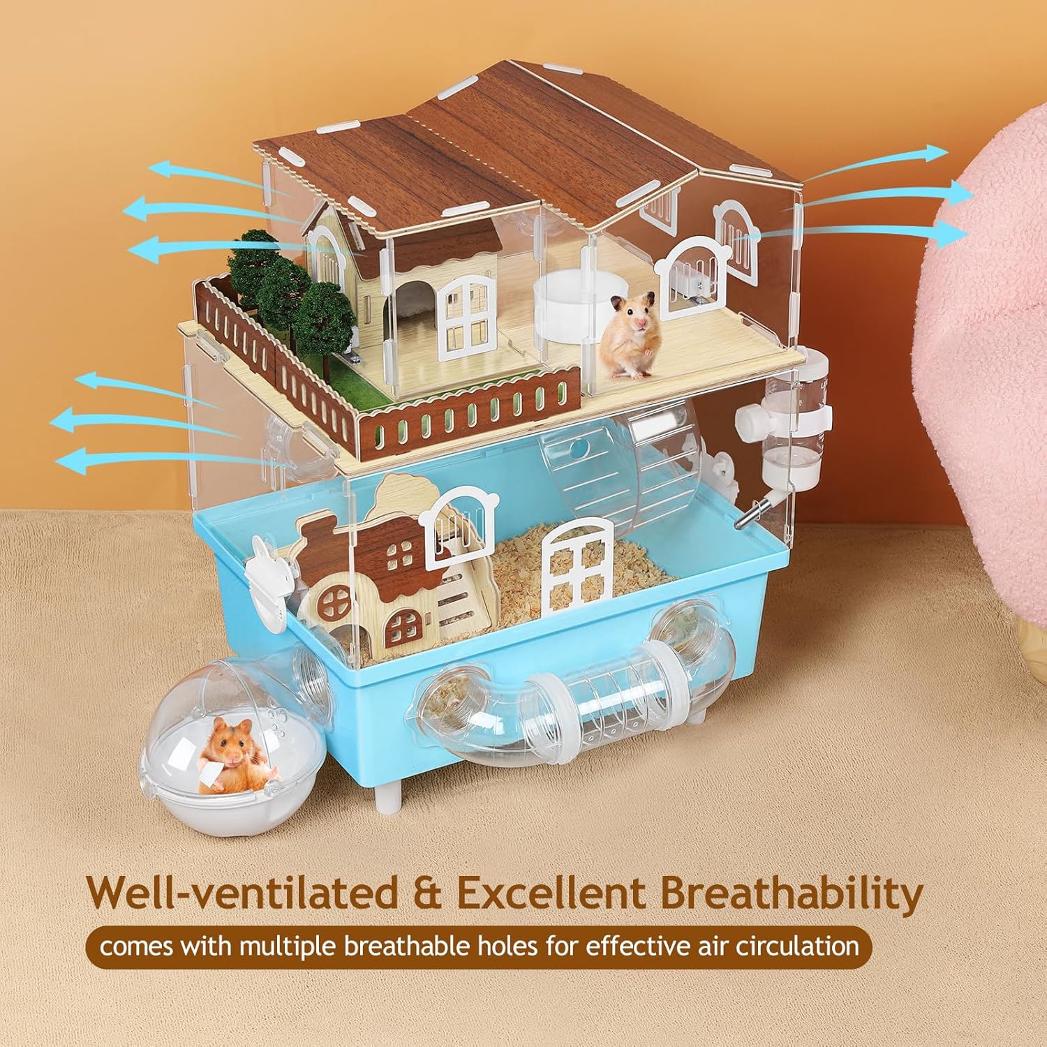 Large Hamster Cage 2 Tier Acrylic Hamster Habitat with Hideout & Running Wheel Blue Dwarf Hamster House for Dwarf Gerbils Syrian Hamsters, Blue, 13.3''L* 9.8''W* 17.4''H - Image 4