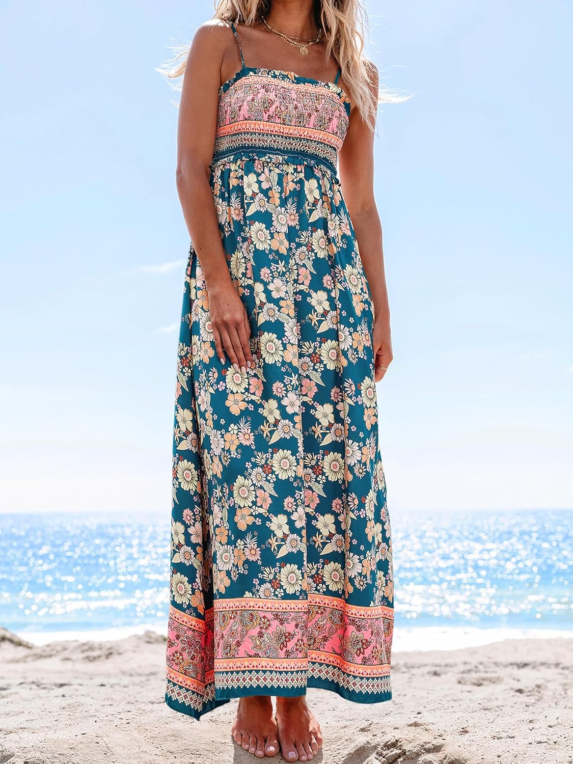 CUPSHE Boho Floral Summer Dress for Women Beach Vacation Smocked Sundress Resort Flowy Casual Maxi Holiday Dresses - Image 3
