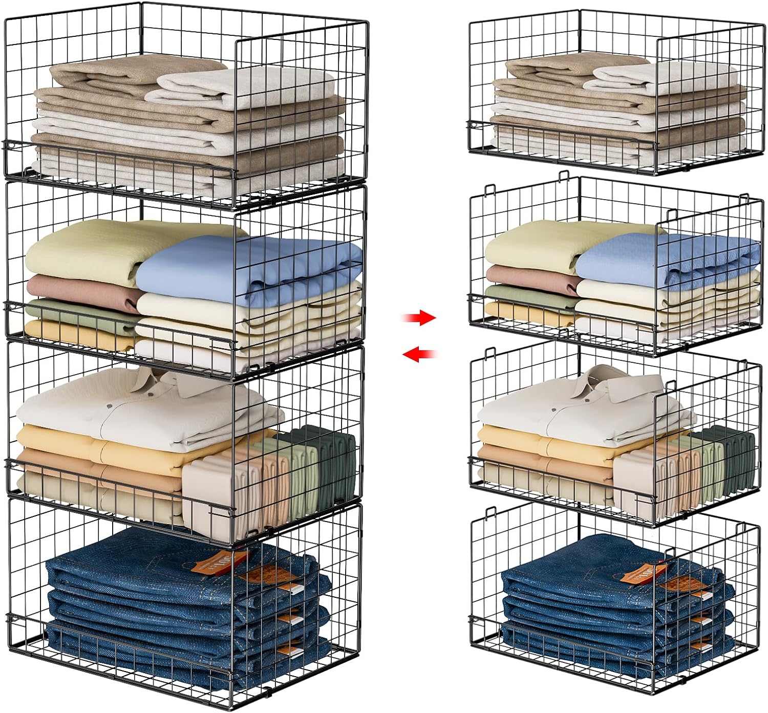 Yociyoga 4-Tier Stackable Closet Organizers and Storage Shelves, Clothes Shelf Organizer Basket Bins, Foldable Sweater Storage for Closet Organizer System, Black (Patent Pending)