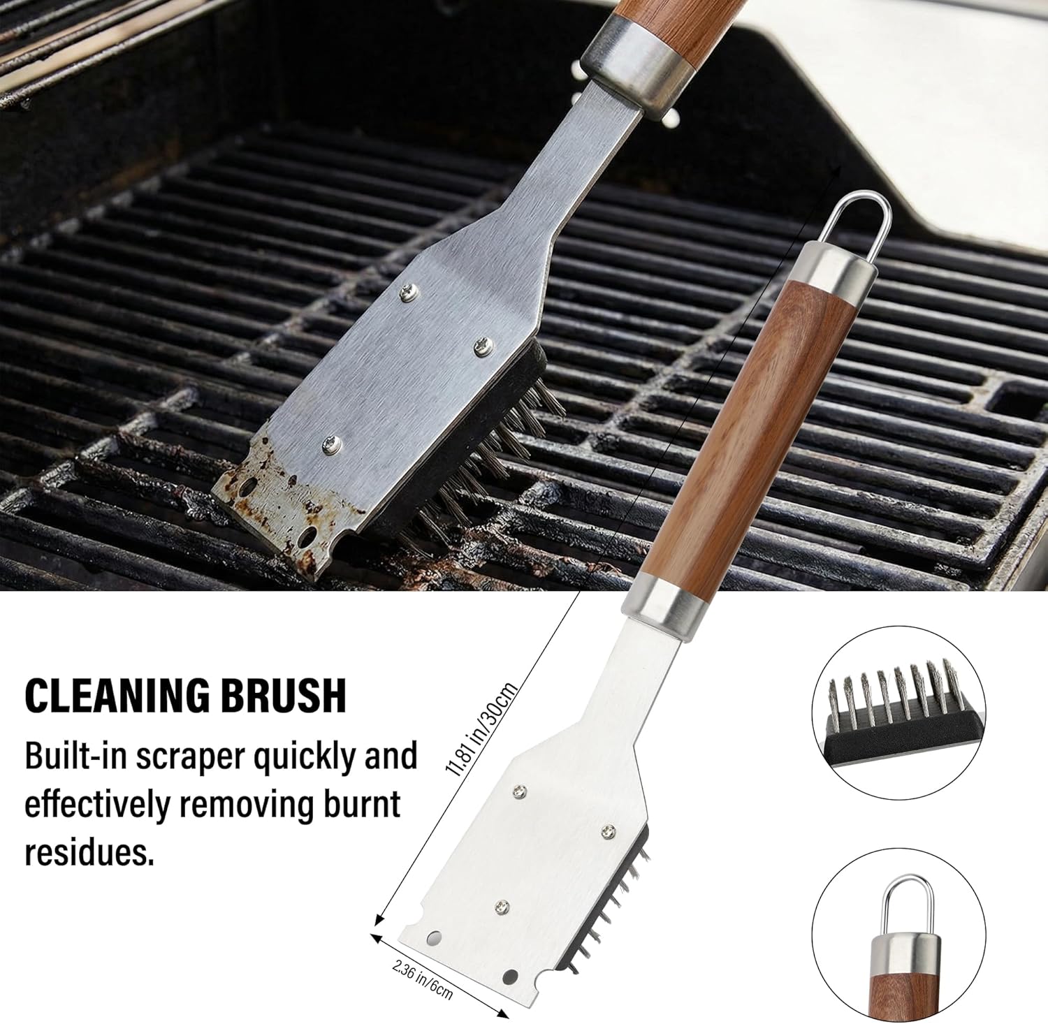 Yekale BBQ Grill Accessories Set, Grill Tools Grilling Accessories Grilling Gifts for Men - Spatula, Fork, Brush, Tongs & Cleaning Brush - Outdoor Barbecue Utensils Gifts for Men Dad Him (Wood) - Image 6