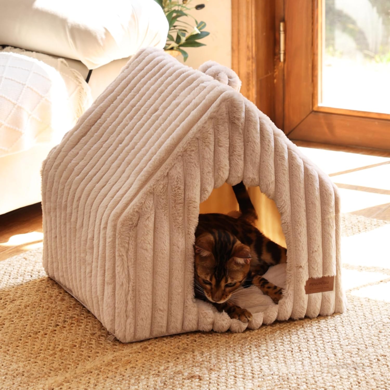 FUKUMARU Cat Houses for Indoor Cats, Washable Cute Cat Bed Cave with Removable Pillow, Large Semi-Enclosed Cozy Dog House Indoor, Soft Faux Rabbit Fur Kitten Bed, 17.5-Inch Cat Hideaway, Pink Grey - Image 6