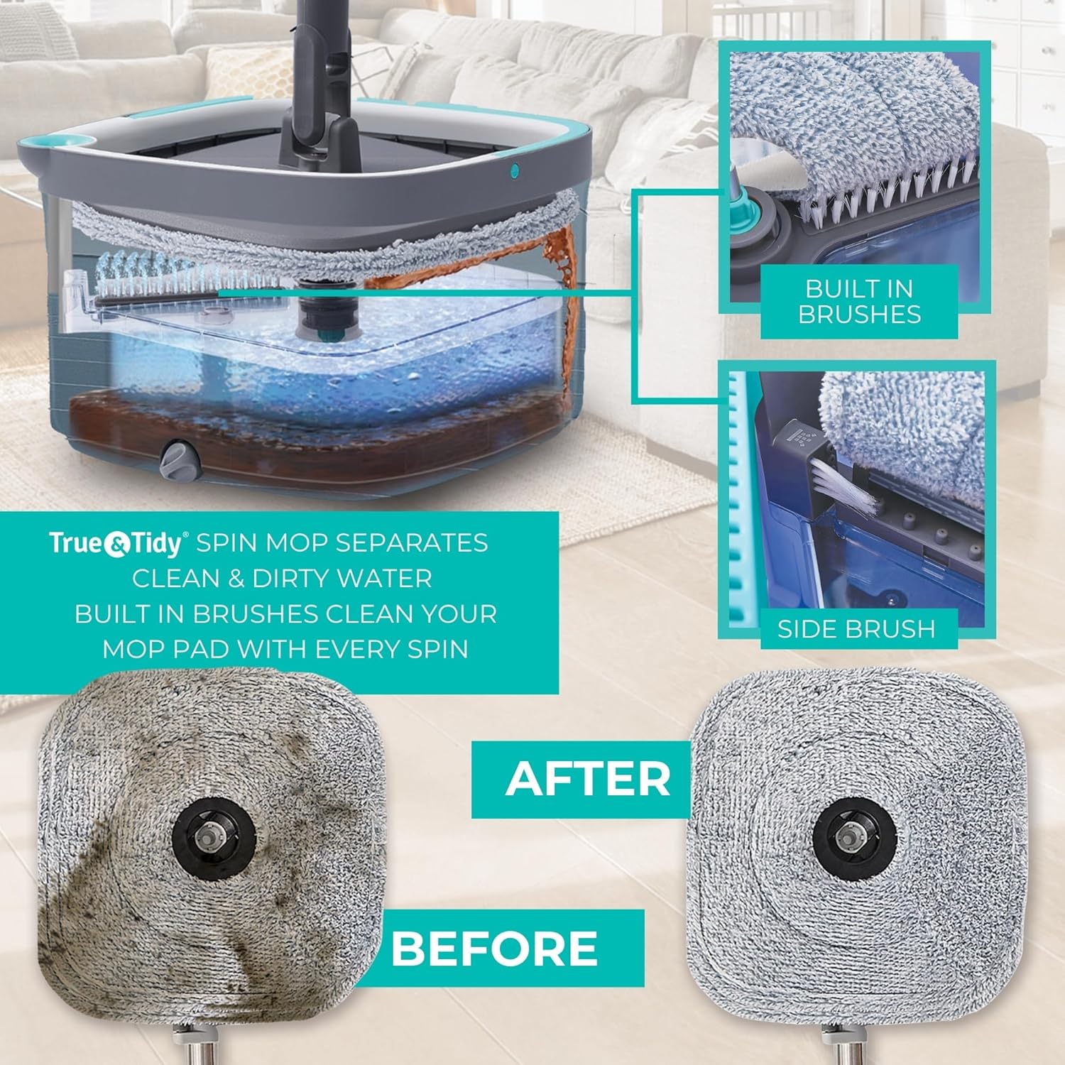 True & Tidy True Clean Spin Mop & Bucket System – Dual Compartment Design for Clean & Dirty Water, 360° Swivel Mop Head, Built-in Scrubbing Brush, Stainless Steel Handle & 2 Reusable Microfiber Pads - Image 2