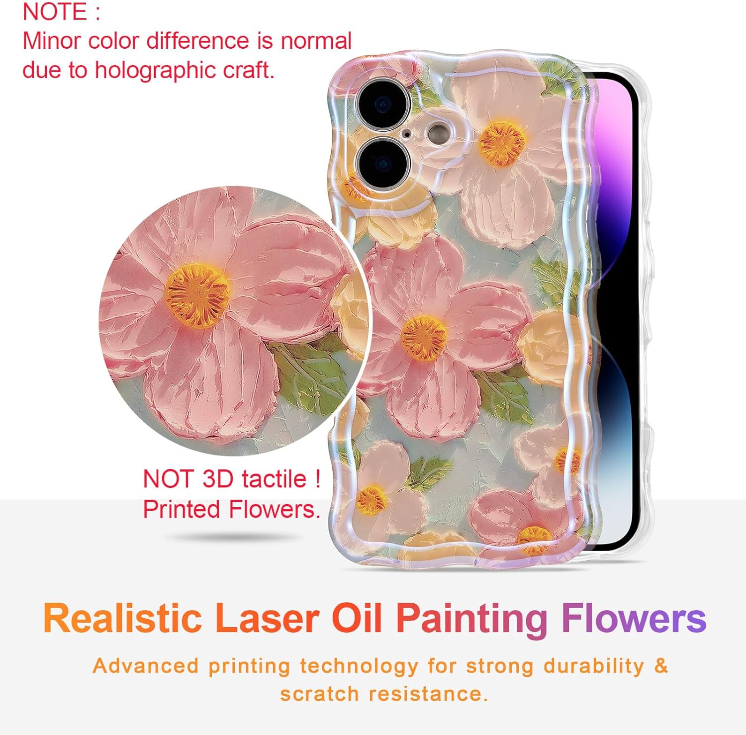 EYZUTAK Case for iPhone 16, Colorful Retro Oil Painting Printed Flower Laser Glossy Pattern Cute Curly Wave Edge Exquisite Phone Cover Stylish Durable TPU Protective Case for Girl Women-Green - Image 2