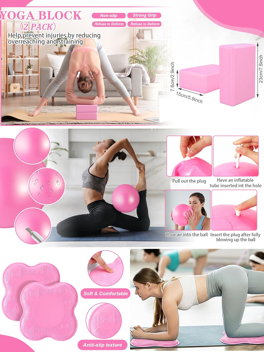 Gemscream 17 Pcs Yoga Essential Kit for Women, Pilates Equipment Starter Set for Beginners with Yoga Wheel Ball Blocks Strap Resistance Bands Wrist Rings Socks Towel & Carry Bag for Home Workouts - Image 4