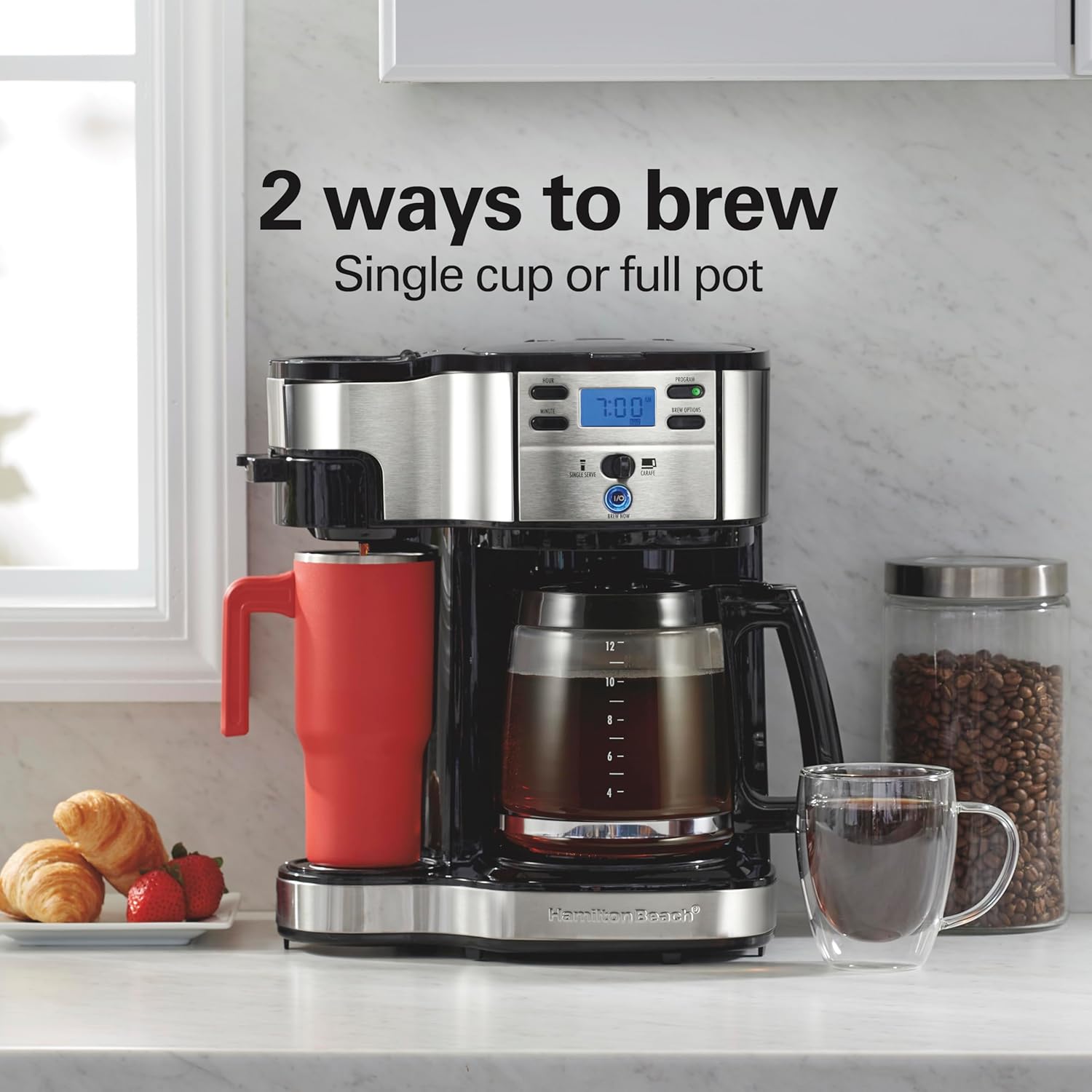 Hamilton Beach 2-Way Programmable Coffee Maker, 12 Cup Glass Carafe And Single Serve Coffee Maker, Black with Stainless Steel Accents, 49980RG - Image 2