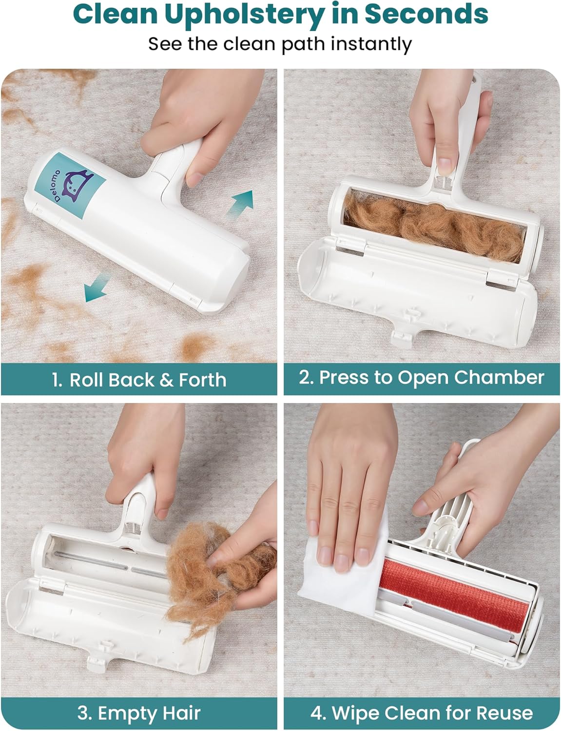 DELOMO Pet Hair Remover Roller: Reusable Lint Roller with Large Fur Bin - Portable Cat and Dog Hair Remover for Couch, Bedding, Car, Rugs & Furniture, Effective and Eco-Friendly, for Multi-Pet Homes - Image 4