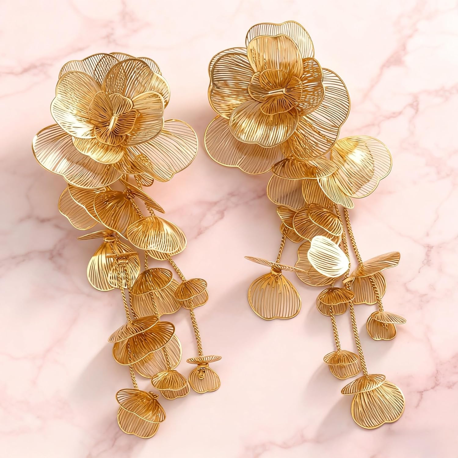 Gold Silver Filigree Floral Dangle Earrings for Women, Long Drop Statement Earrings for Vintage Wedding Jewelry - Image 3