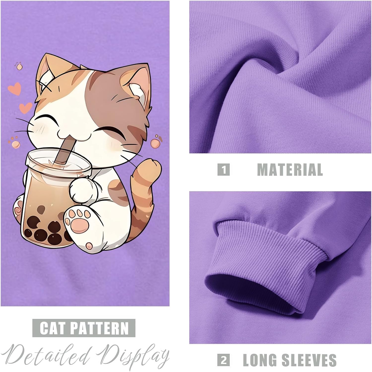 KEEVICI Cute Cat Sweatshirt For Girls Kawaii Graphic Hoodie Kids Cartoon Animal Print Pullover Cotton Long Sleeve Shirts Tops - Image 7