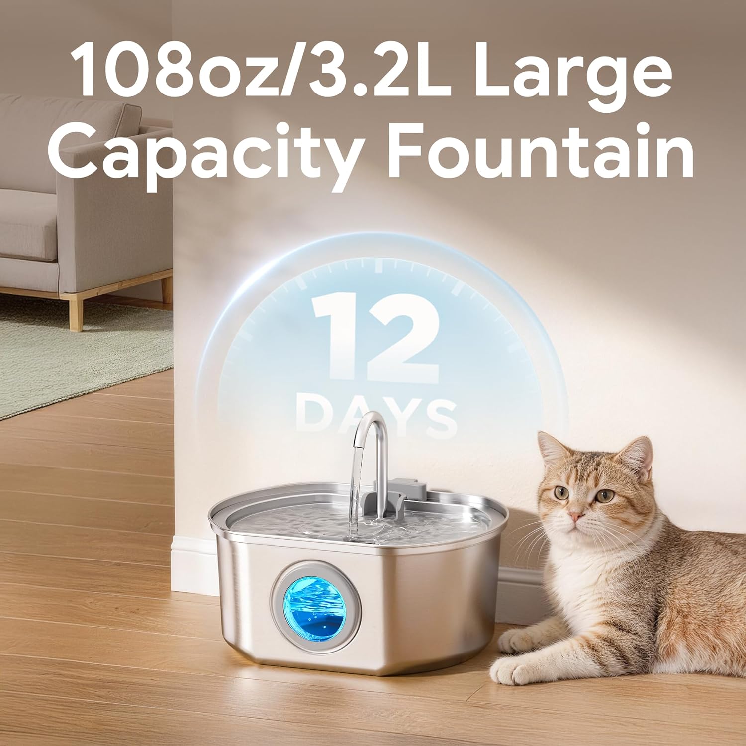 Cat Water Fountain Stainless Steel: 109oz/3.2L Cat Fountain for Drinking - Pet Water Fountain Inside - Automatic Dog Watering Dispenser Bowl - Pet Feeding & Watering Supplies - Water Level Window - Image 5