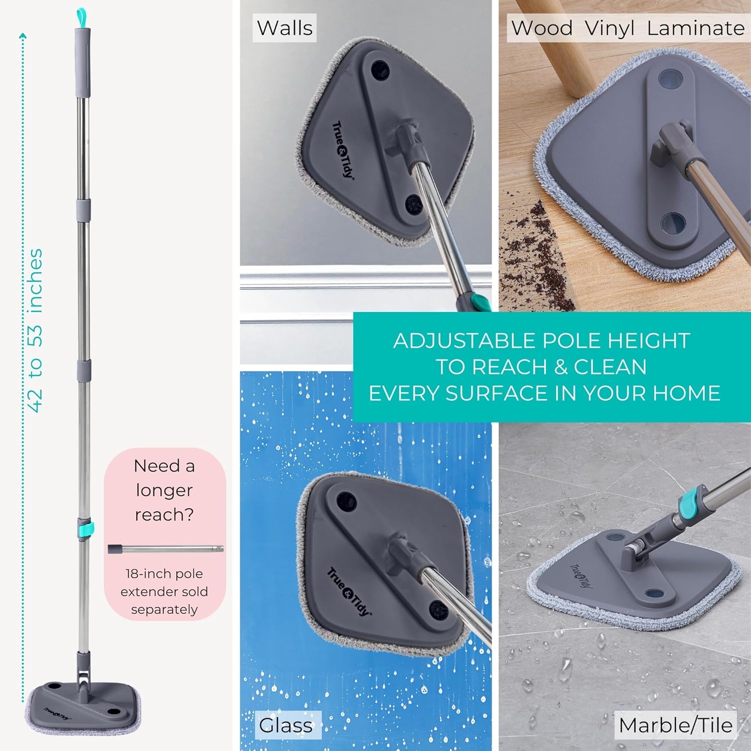 True & Tidy True Clean Spin Mop & Bucket System – Dual Compartment Design for Clean & Dirty Water, 360° Swivel Mop Head, Built-in Scrubbing Brush, Stainless Steel Handle & 2 Reusable Microfiber Pads - Image 5