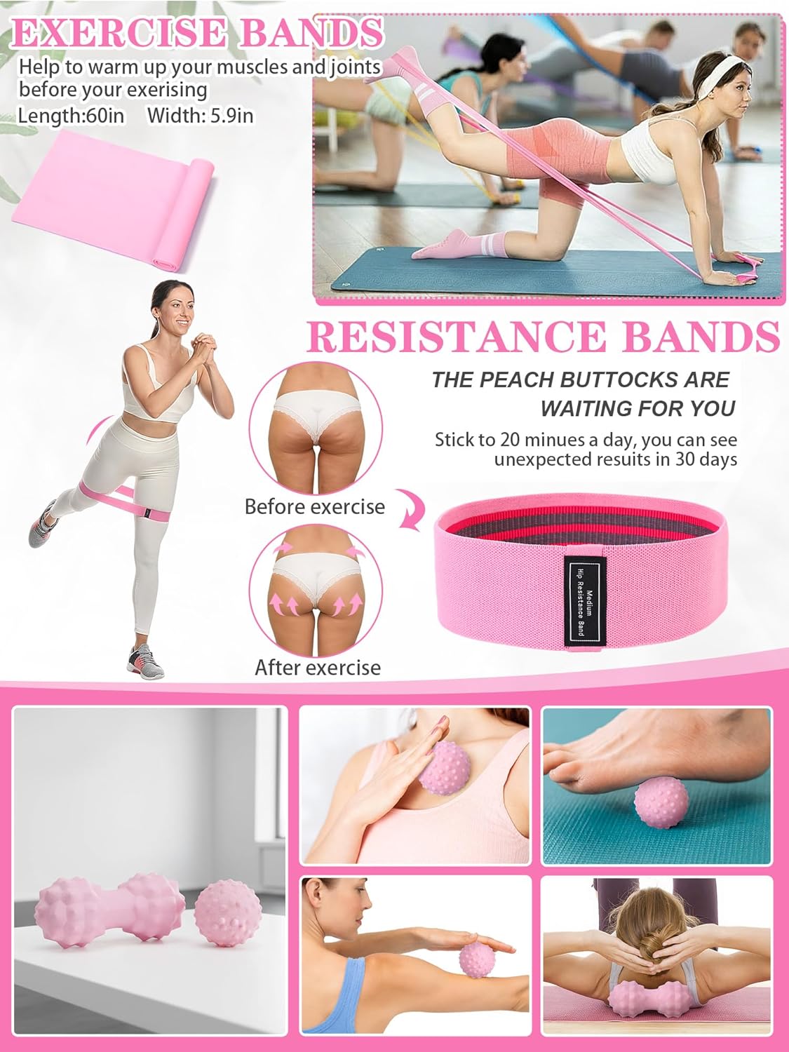Gemscream 17 Pcs Yoga Essential Kit for Women, Pilates Equipment Starter Set for Beginners with Yoga Wheel Ball Blocks Strap Resistance Bands Wrist Rings Socks Towel & Carry Bag for Home Workouts - Image 5