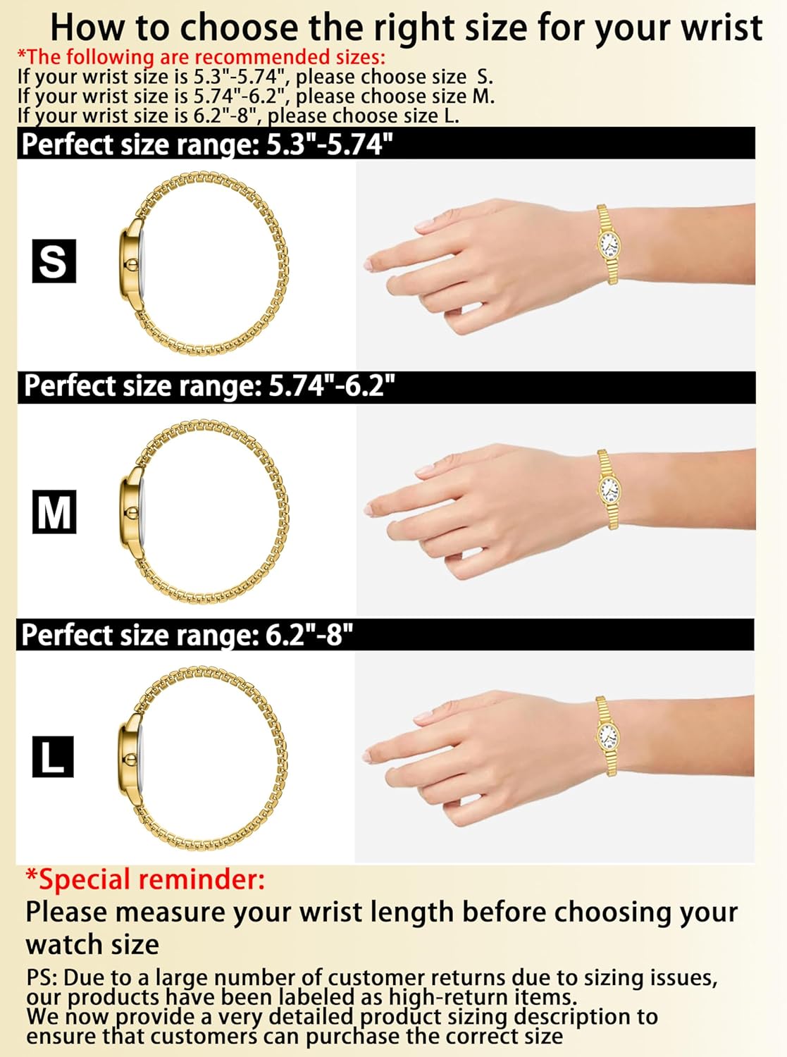 Diaofendi 3 Sizes (S/M/L) Small Gold Watches for Women - Fit 5"-8" Expansion Band, Valentine's Day Gifts for Mom Wife, Easy Read Ladies Quartz Watch, Water Resistant - Image 2