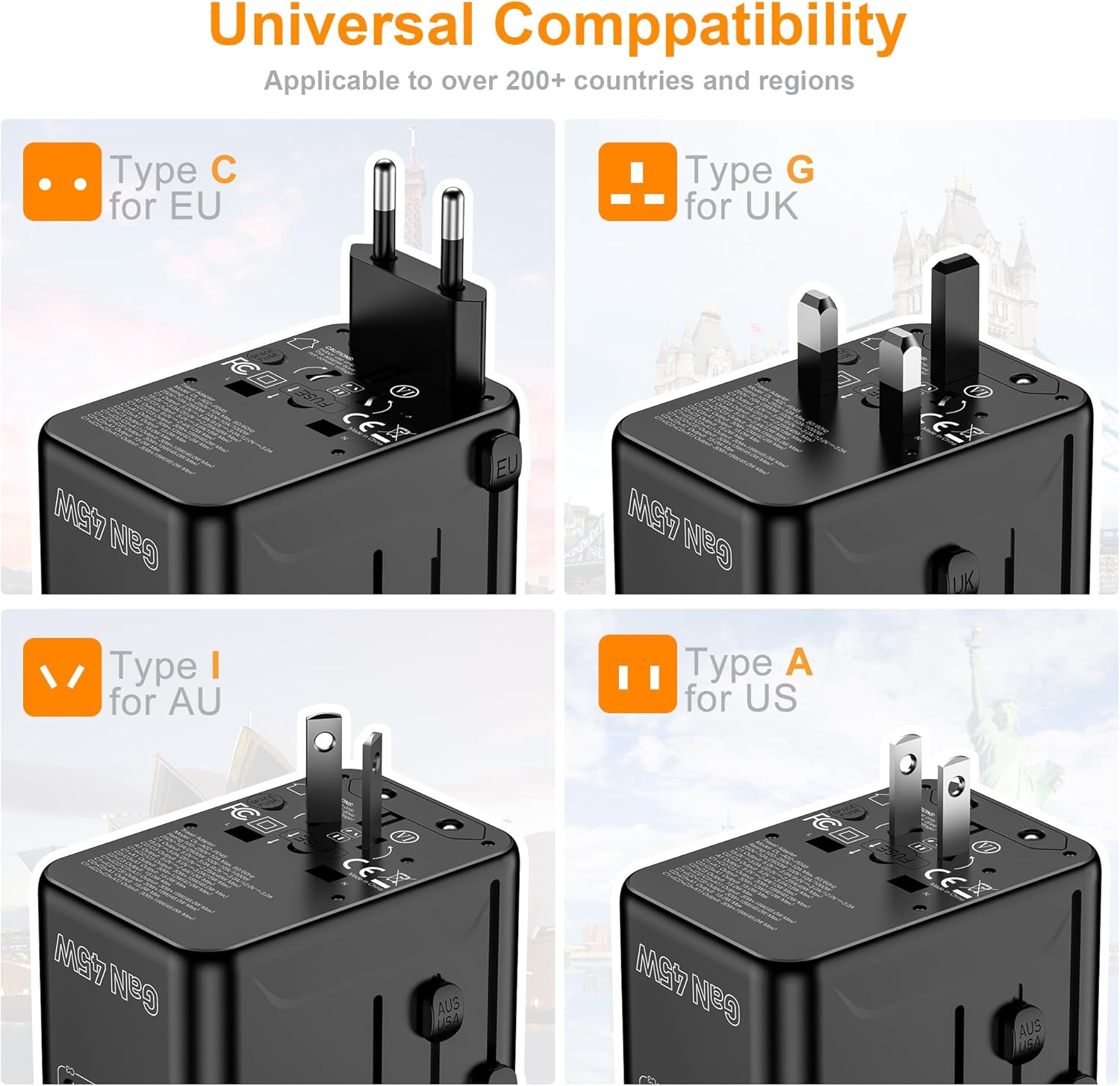 VYLEE Universal Travel Adapter, PD45W GaN International Power Adapter with 3 USB C and 1 USB A Charging Ports, All in One Power Outlet, Worldwide Plug Adapter for US to European UK AUS Ireland - Image 4