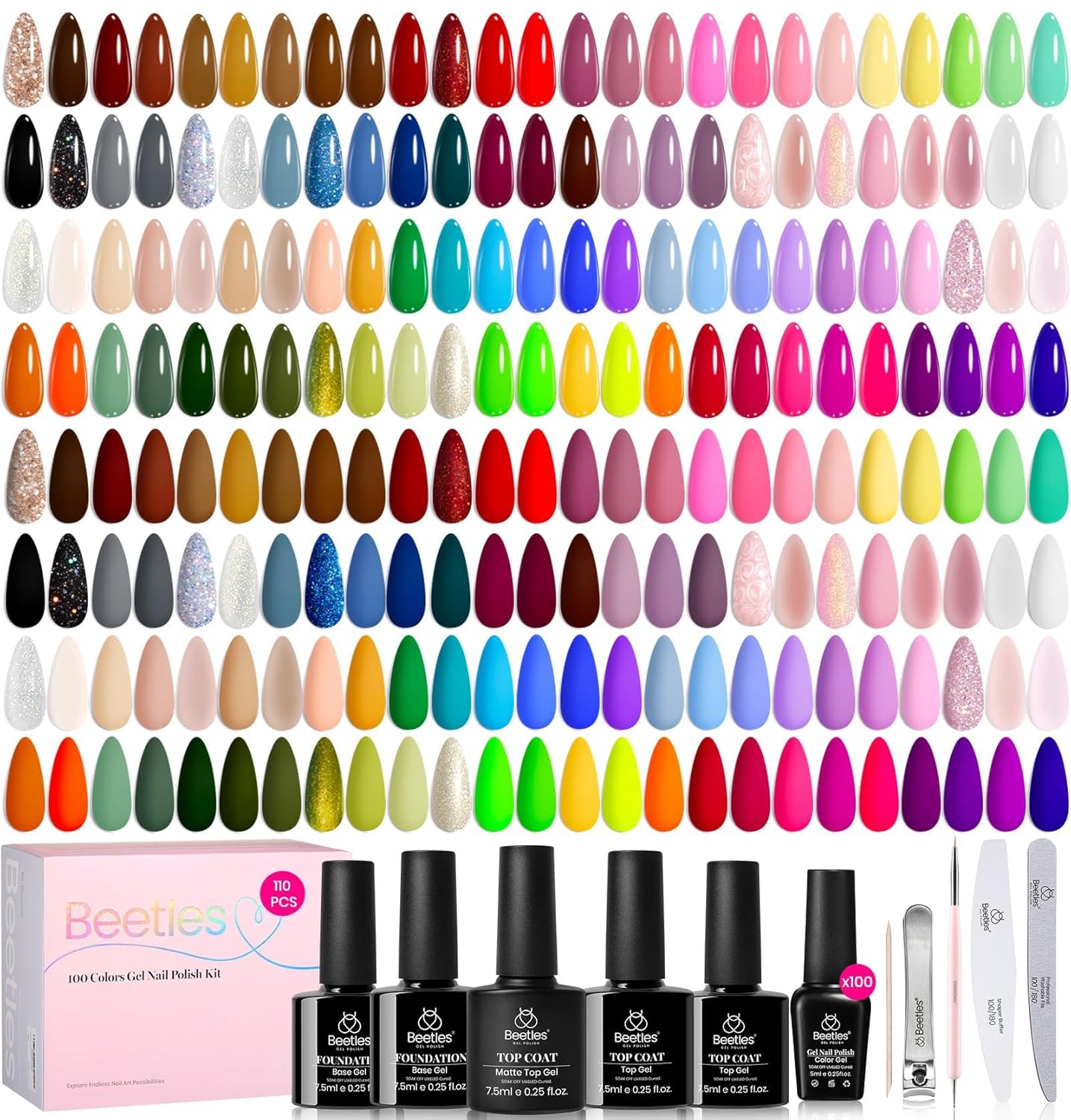 Beetles 110 PCS Gel Nail Polish Set, 100 Colors Infinite Inspiration Gift Spree All Season Red Brown Green Black Gel Polish with 5Pcs Base Top Coat Soak off UV Gel for Manicure Lovers DIY at Home - Image 7