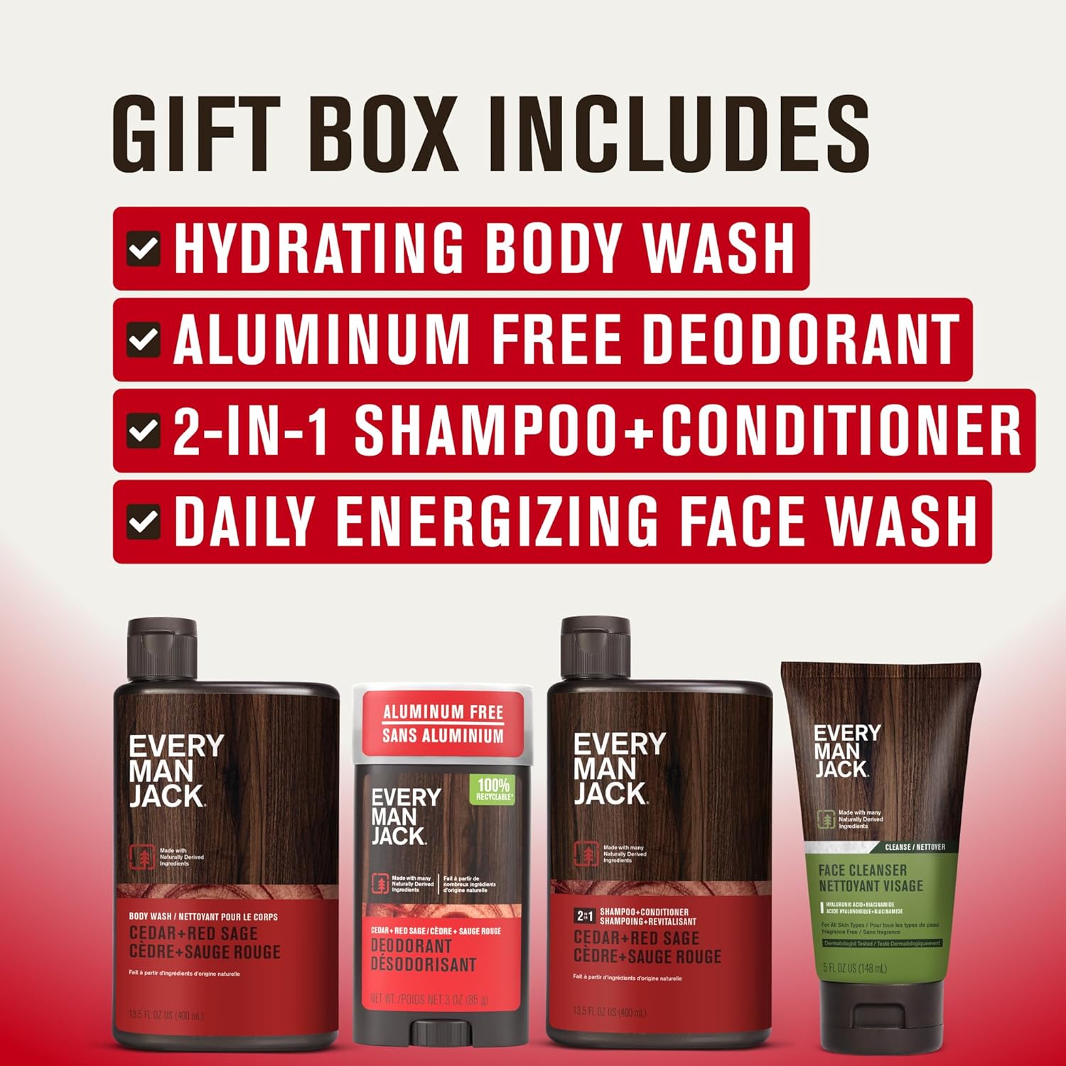 Every Man Jack Men's Bath and Body Gift Set - Cedar & Red Sage Scent - Clean Ingredients - Includes Hydrating Body Wash, 2-in-1 Shampoo, Aluminum-free Deodorant & Face Wash - Image 2