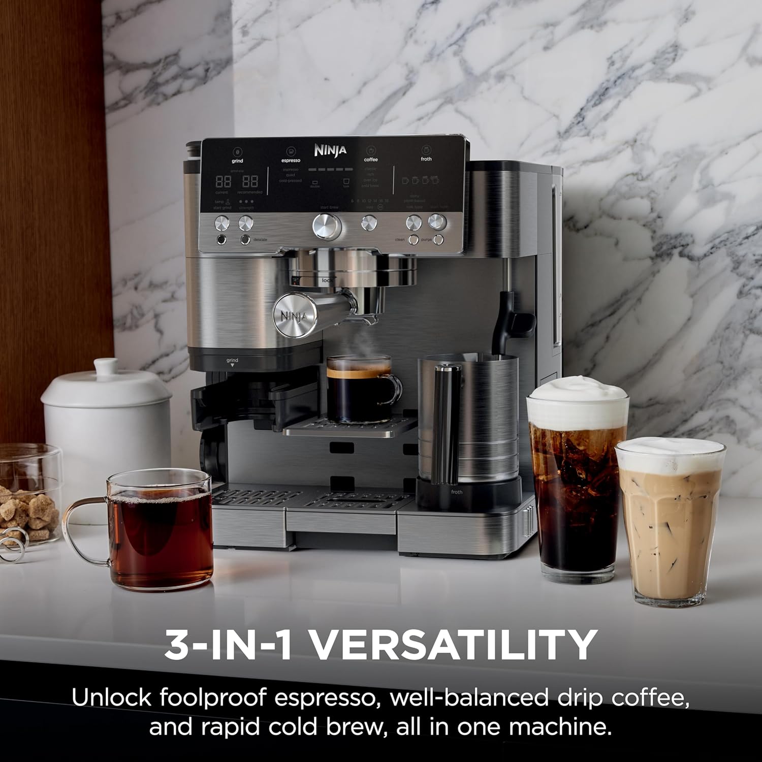 Ninja Luxe Café Premier 3-in-1 Espresso Machine, Drip Coffee, & Rapid Cold Brew | Built-in Coffee Grinder, Hands-Free Milk Frother, Assisted Tamper for Cappuccinos & Lattes | Stainless Steel | ES601 - Image 3