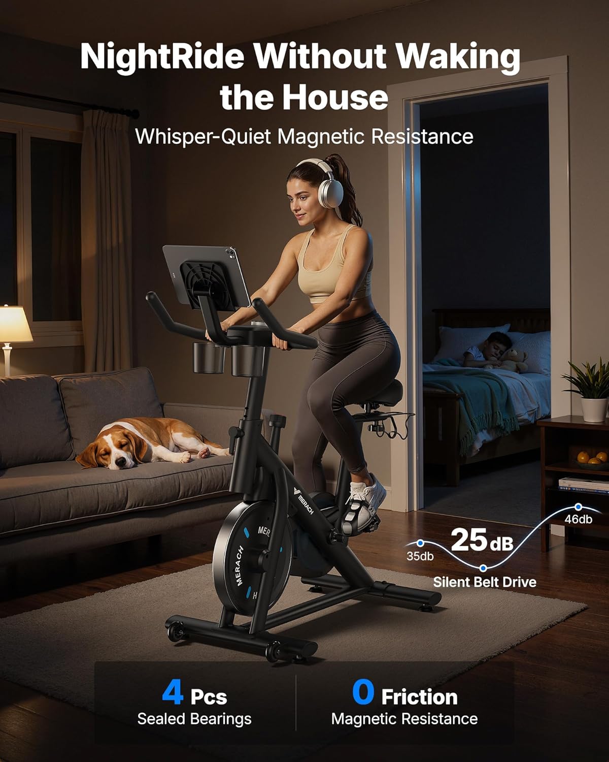 MERACH Exercise Bike, Brake Pad Stationary Bike with Exclusive App, Low Noise Indoor Cycling Bike with 300lbs Weight Capacity, Tablet Mount and Fitness Courses for Weight Loss - Image 5