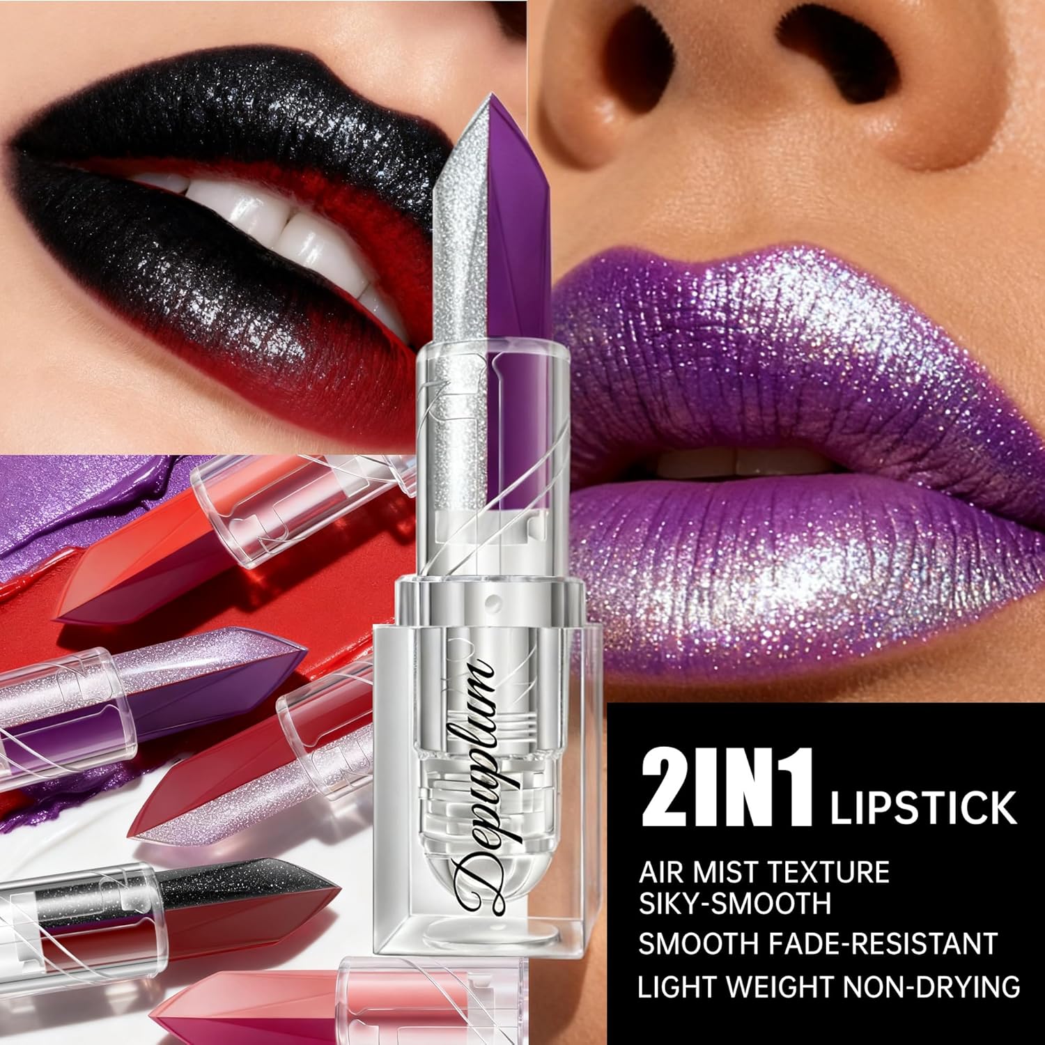 Depuplum 2 in 1 Red Matte Lipstick Glitter Black Lipstick Dual Sided Waterproof Lipsticks for Women One Stroke Two-Tone Long Lasting Lip Stick for Christmas Halloween, DU-G7 - Image 5