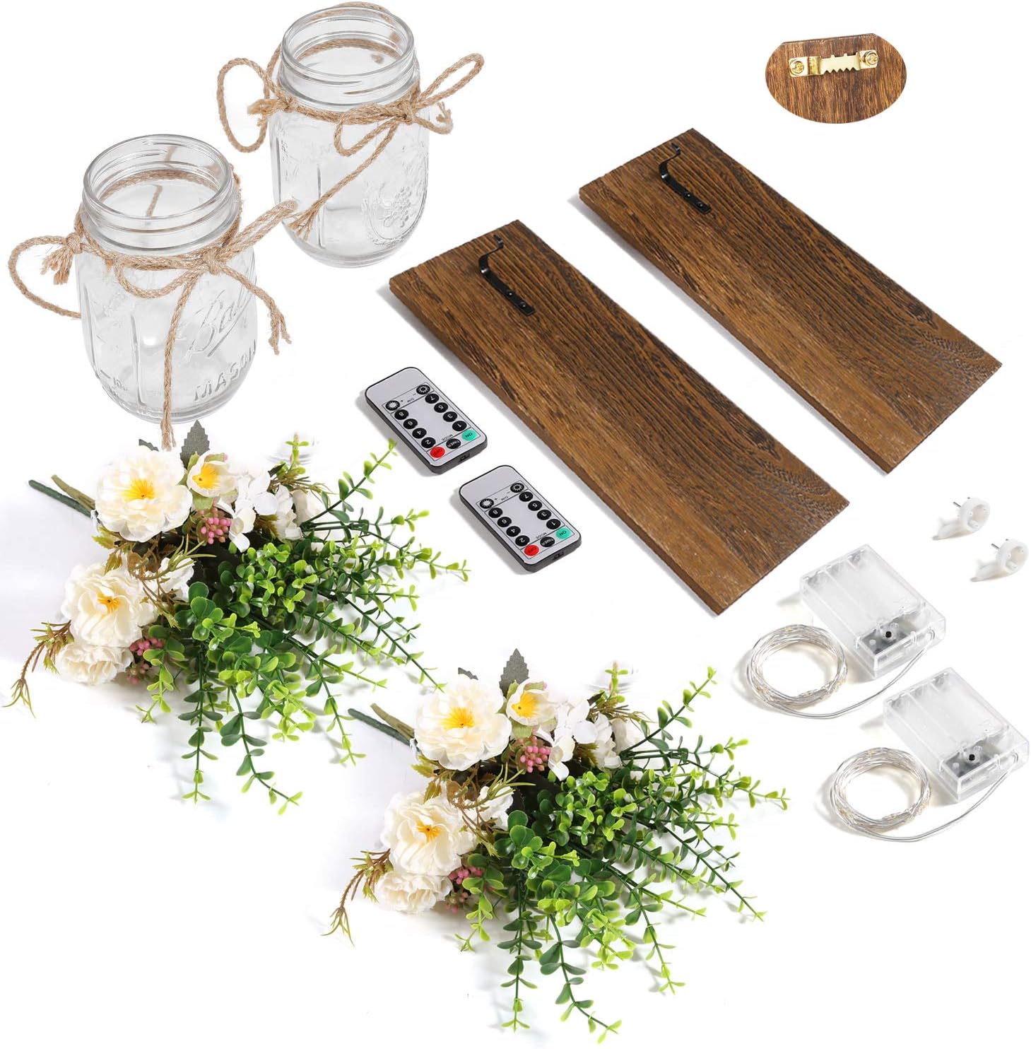 Rustic Wall Sconces Mason Jar Sconces Handmade Wall Art Hanging Design with Remote Control LED Fairy Lights and White Peony, Wall Decor Gift Farmhouse Wall Home Decor Living Room Lights Set of Two - Image 6