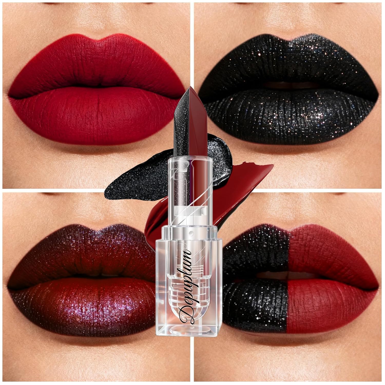 Depuplum 2 in 1 Red Matte Lipstick Glitter Black Lipstick Dual Sided Waterproof Lipsticks for Women One Stroke Two-Tone Long Lasting Lip Stick for Christmas Halloween, DU-G7 - Image 2