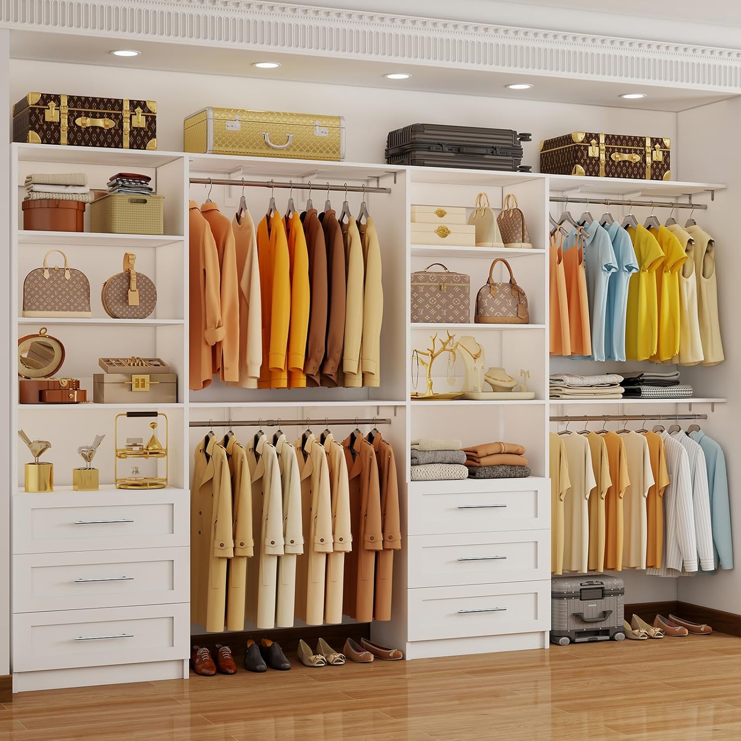 Closet System with 6 Drawers, 6-13FT Custom Closet Organizer System with 6 Hanging Rods &Adjustable Shelves , Wood Closet System Kit for Walk in Closets, Modular Closet Organizer System, 2 Sets,White,