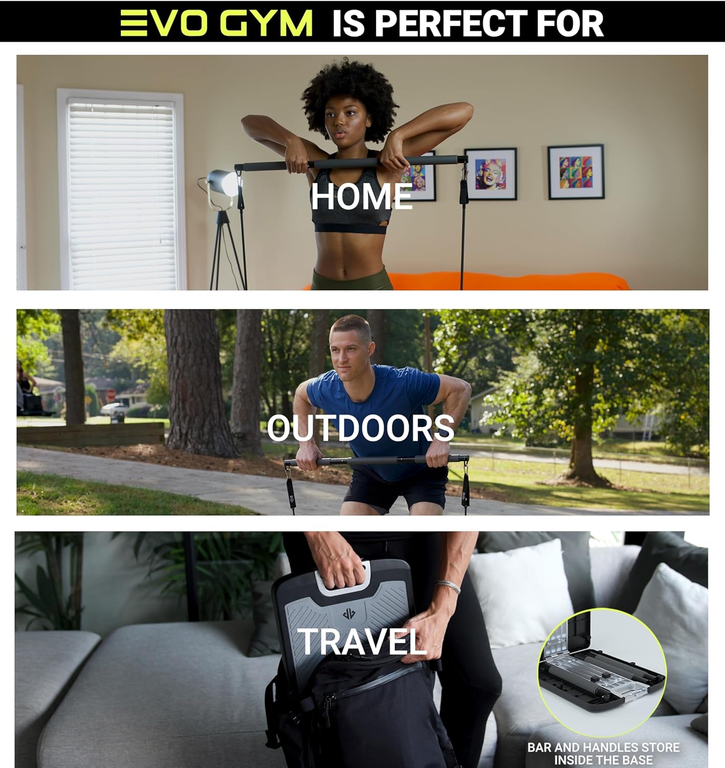 EVO Gym - Portable Home Gym Strength Training Equipment, At Home Gym | All in One Gym - Resistance Bands, Base Holds Gym Bar & Handles for Travel | Portable Gym & Home Exercise Equipment - Image 2