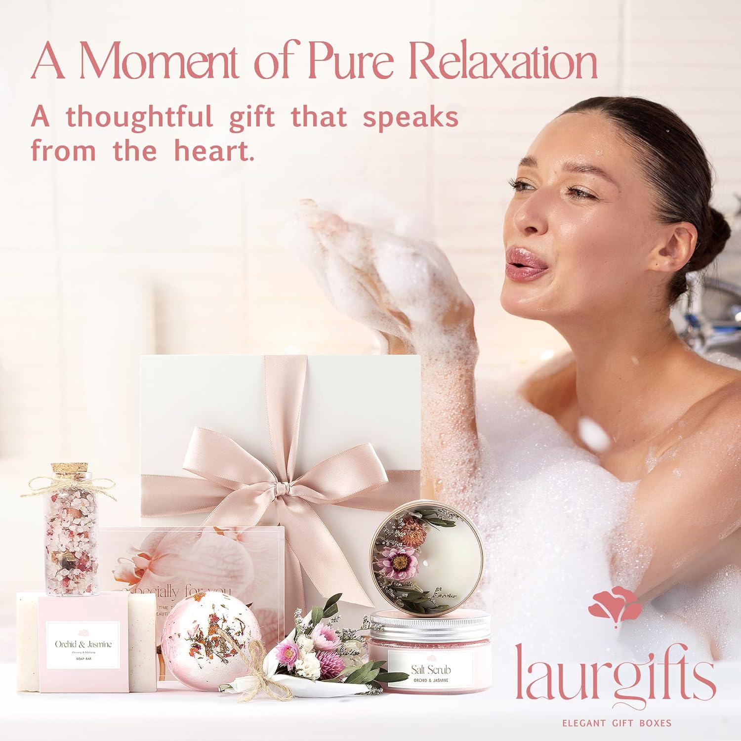 Birthday Gifts for Women – Luxury Candle Set & Bath Sets Spa Basket, Small Orchid & Jasmine Self Care Box, Gift Basket for Mom, Wife or Friend - Image 8