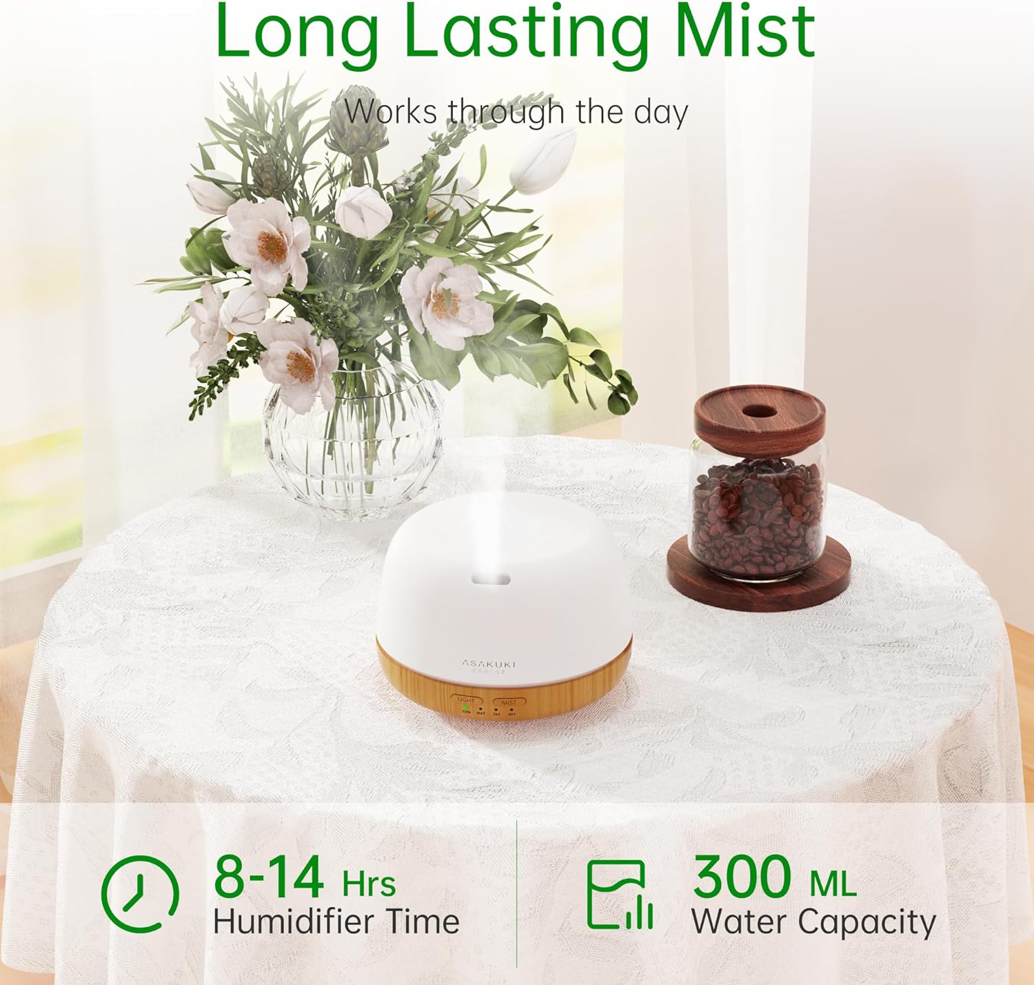 ASAKUKI Essential Oil Diffuser, 300ml Ultrasonic Aromatherapy Oil Humidifier with 7 Colors LED Lights, 2 Mist Mode for Home (Wood Grain) - Image 2