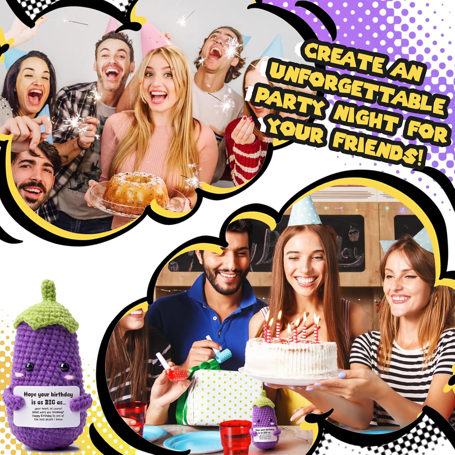 Funny Crochet Eggplant Birthday Gag Gift for Best Friend, Handmade Novelty Plush with Witty Card, Funny Gifts for Women, BFF, Sister, White Elephant & Stocking Stuffer Idea - Image 5