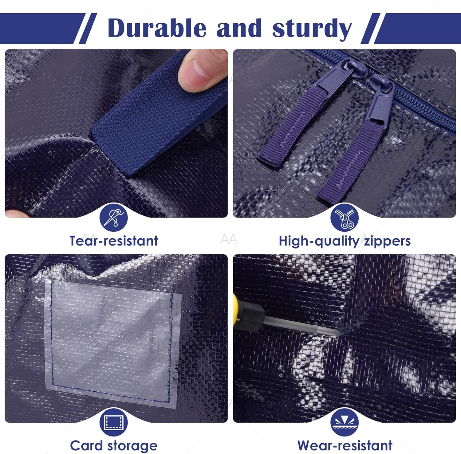 6 Pack Moving Bags with Full-Open Side Zipper, Extra Large 93L Heavy Duty Waterproof Foldable Storage Totes for College Dorm, Moving & Home Organization, Blue - Image 3