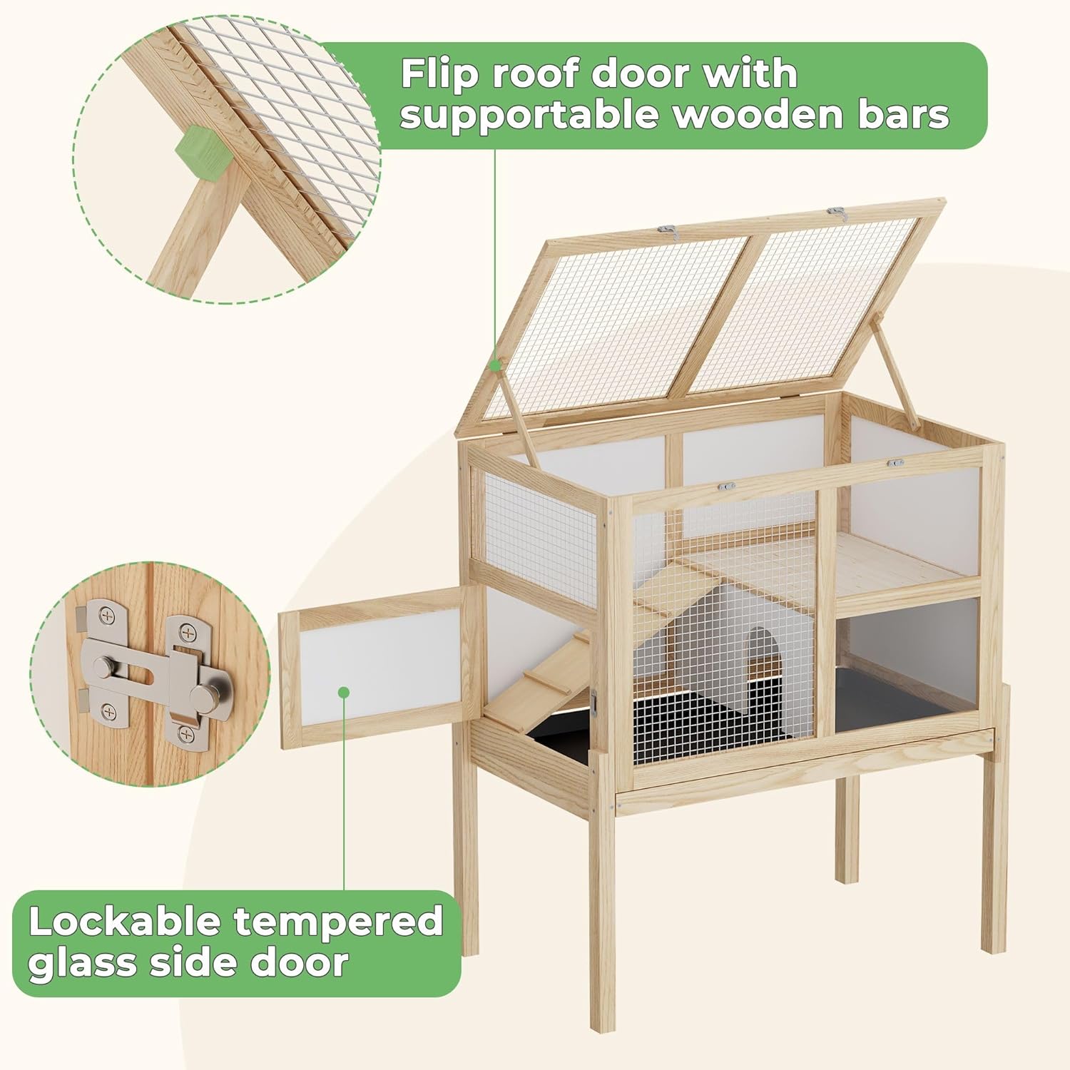 Guinea Pig Cages for 2, Small Animals Rabbit Cages with a Pull Out Tray, Large Wooden Indoor 2-Story Hamster House, Guinea Pig Hideout Habitat Playpen with Ramp, Platform, Natural - Image 5