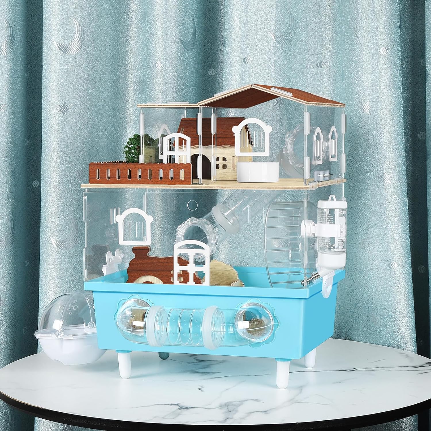 Large Hamster Cage 2 Tier Acrylic Hamster Habitat with Hideout & Running Wheel Blue Dwarf Hamster House for Dwarf Gerbils Syrian Hamsters, Blue, 13.3''L* 9.8''W* 17.4''H - Image 8
