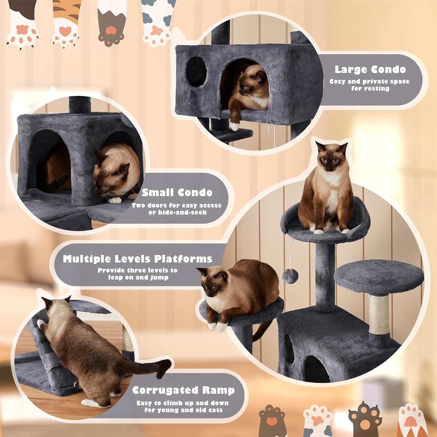 Yaheetech 54in Cat Tree, Multi-Level Cat Tower with Spacious Kitten-ear Perch, 2 Cozy Caves, Scratching Posts, Climbing Ladder, 2 Plush Balls, Durable Pet House Furniture for Indoor Kittens, Dark Gray - Image 4