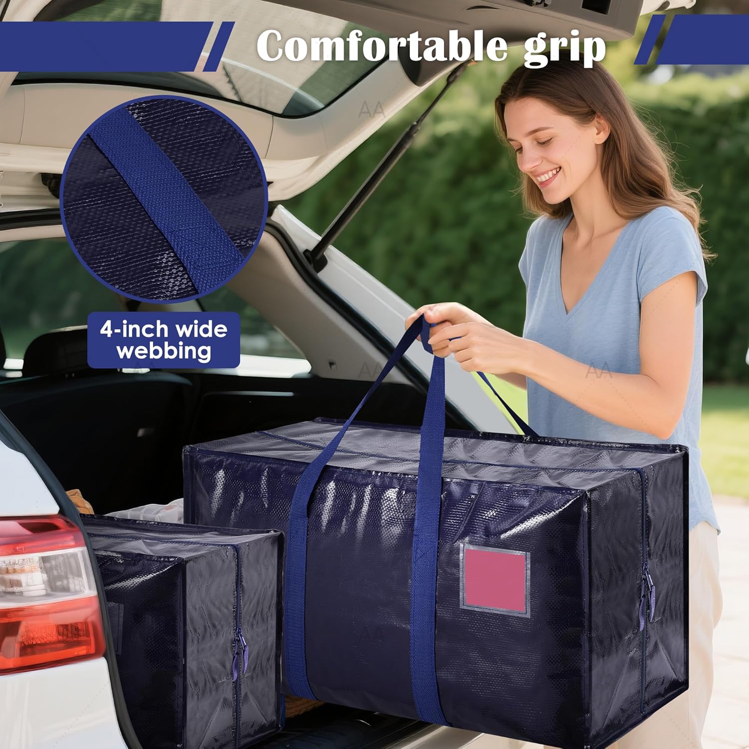 6 Pack Moving Bags with Full-Open Side Zipper, Extra Large 93L Heavy Duty Waterproof Foldable Storage Totes for College Dorm, Moving & Home Organization, Blue - Image 6