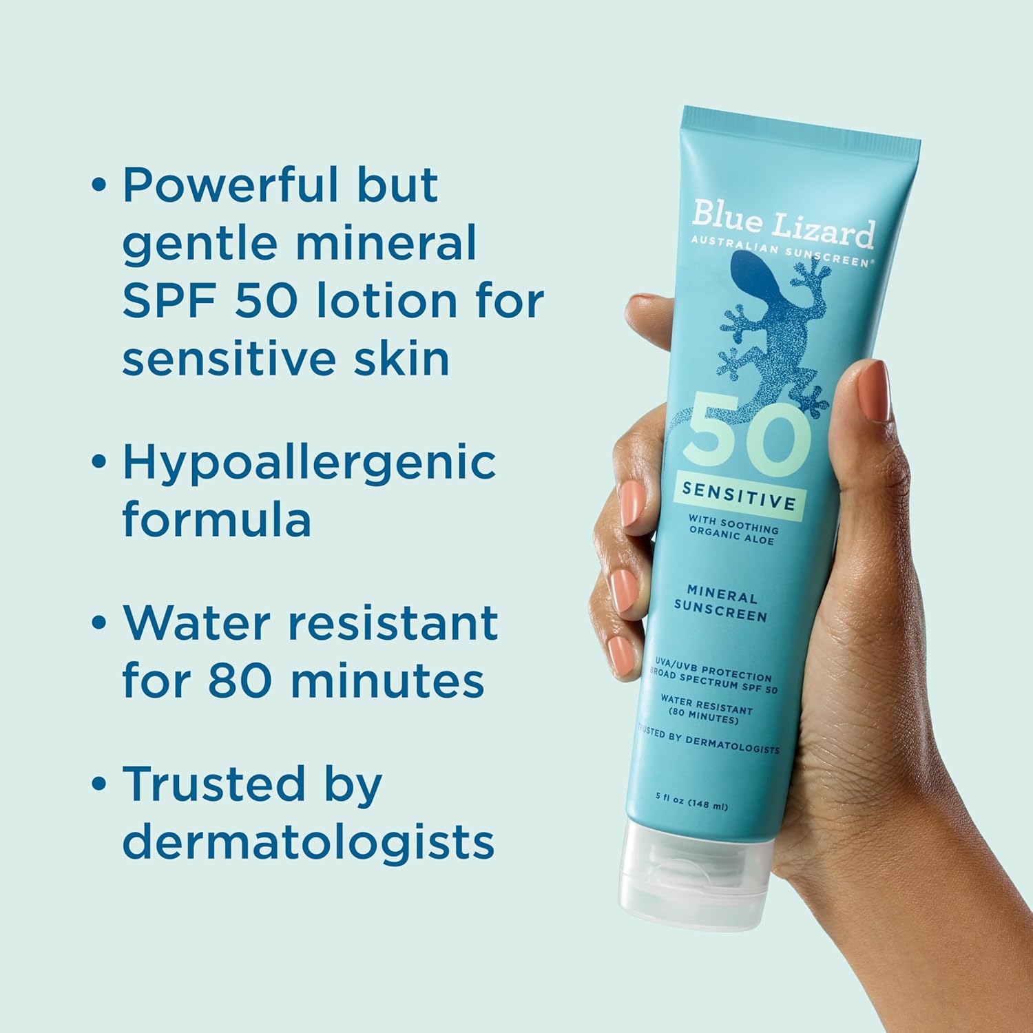 Blue Lizard Sensitive Mineral SPF 50 Sunscreen Lotion, 100% Mineral Sunscreen, UVA/UVB Protection, Infused with organic Aloe Vera, Soothes and Hydrates, 5 fl oz | with Zinc Oxide, 50+, Water Resistant, UVAUVB Protection, Sensitve - Image 2
