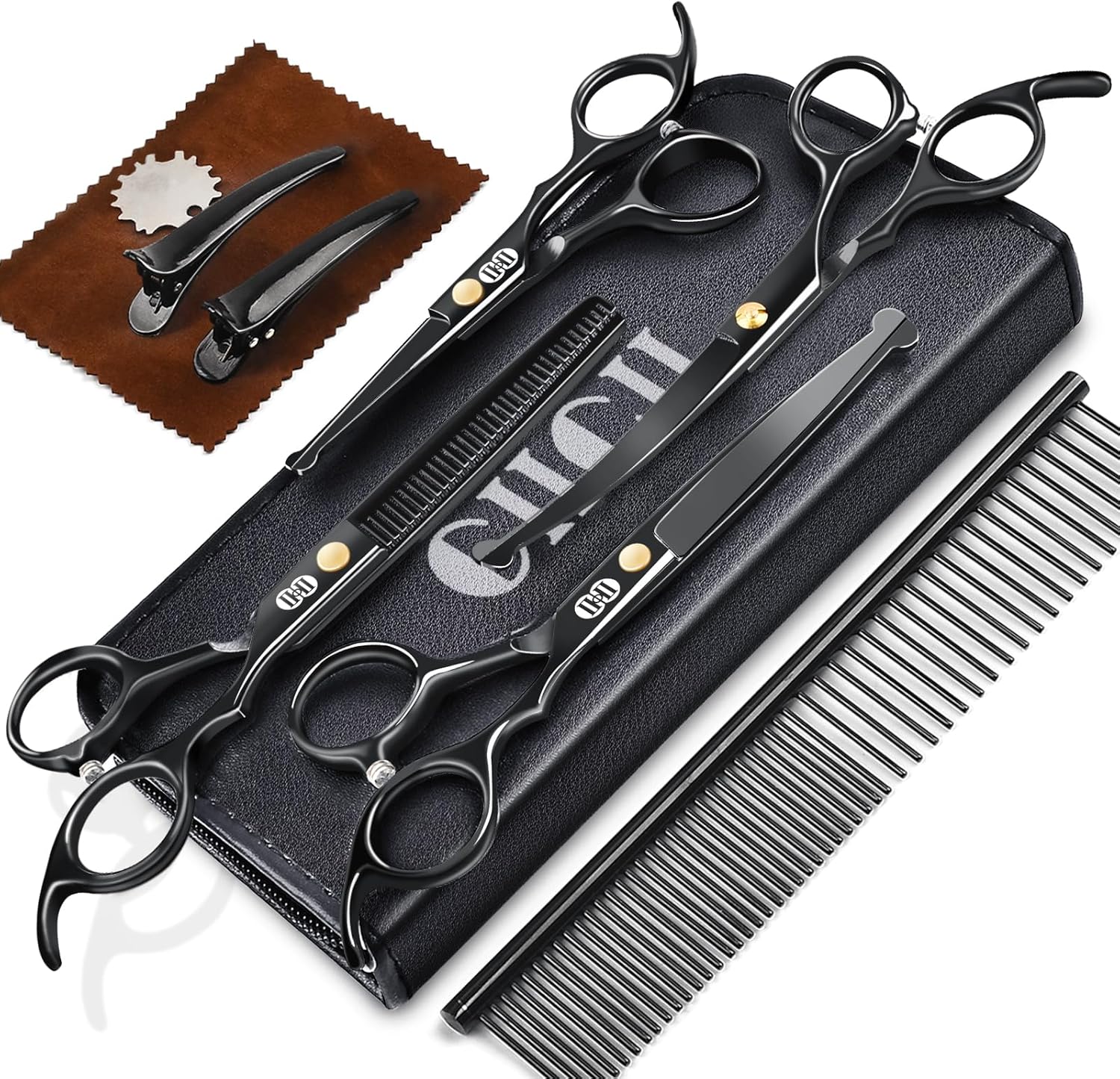 CIICII Dog Grooming Scissors Kit, 7 Inch Professional Pet Grooming Scissors Set with Safety Round Tip (Dogs/Cat Hair Cutting Trimming Thinning Shears with Curved Scissors) for DIY Home Salon (Black) - Image 9