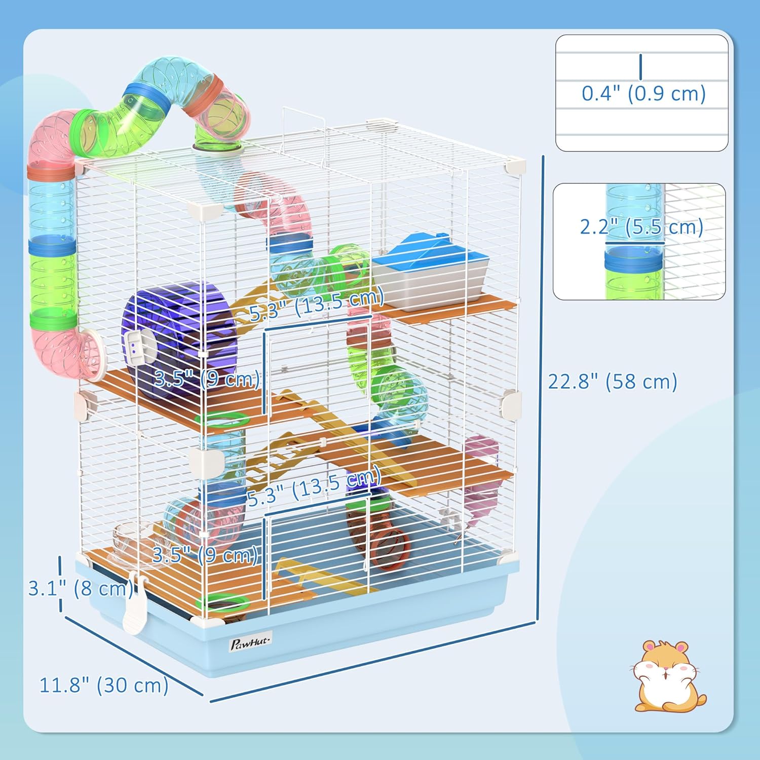 PawHut 18" 5 Tier Hamster Cage with Tubes and Tunnels, Small Animal Cage with Portable Carry Handle, Gerbil Cage with Water Bottle, Food Dish, Exercise Wheel, Light Blue - Image 7
