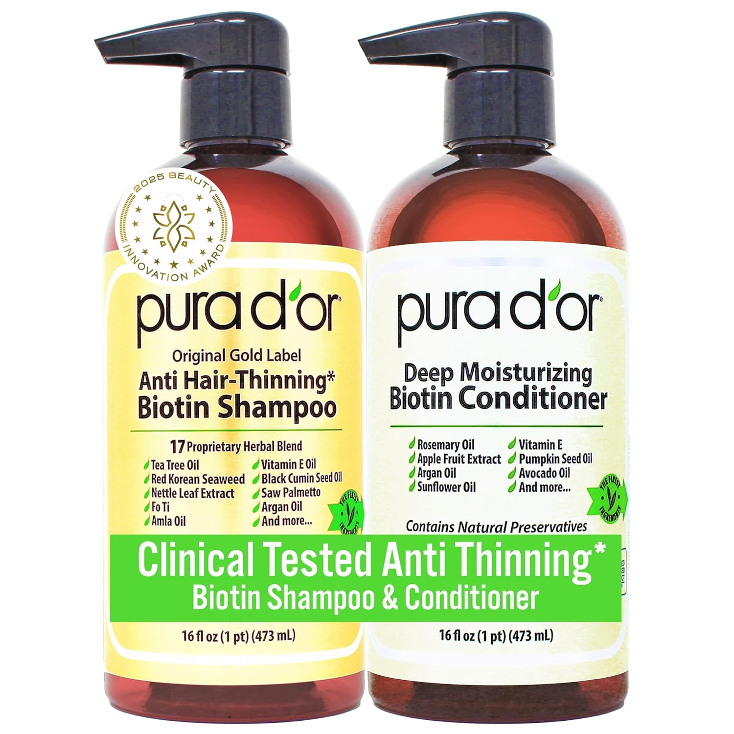 PURA D'OR Anti-Thinning Biotin Shampoo & Conditioner Original Gold Label Set (16oz x2) – CLINICALLY TESTED Formula for Volume, Strength & Thicker-Looking Hair – Helps Reduce Breakage For Women & Men | Deep Moisturizing, Conditioner, CLINICALLY TESTED, Effective Results, Hair Thickening, Product