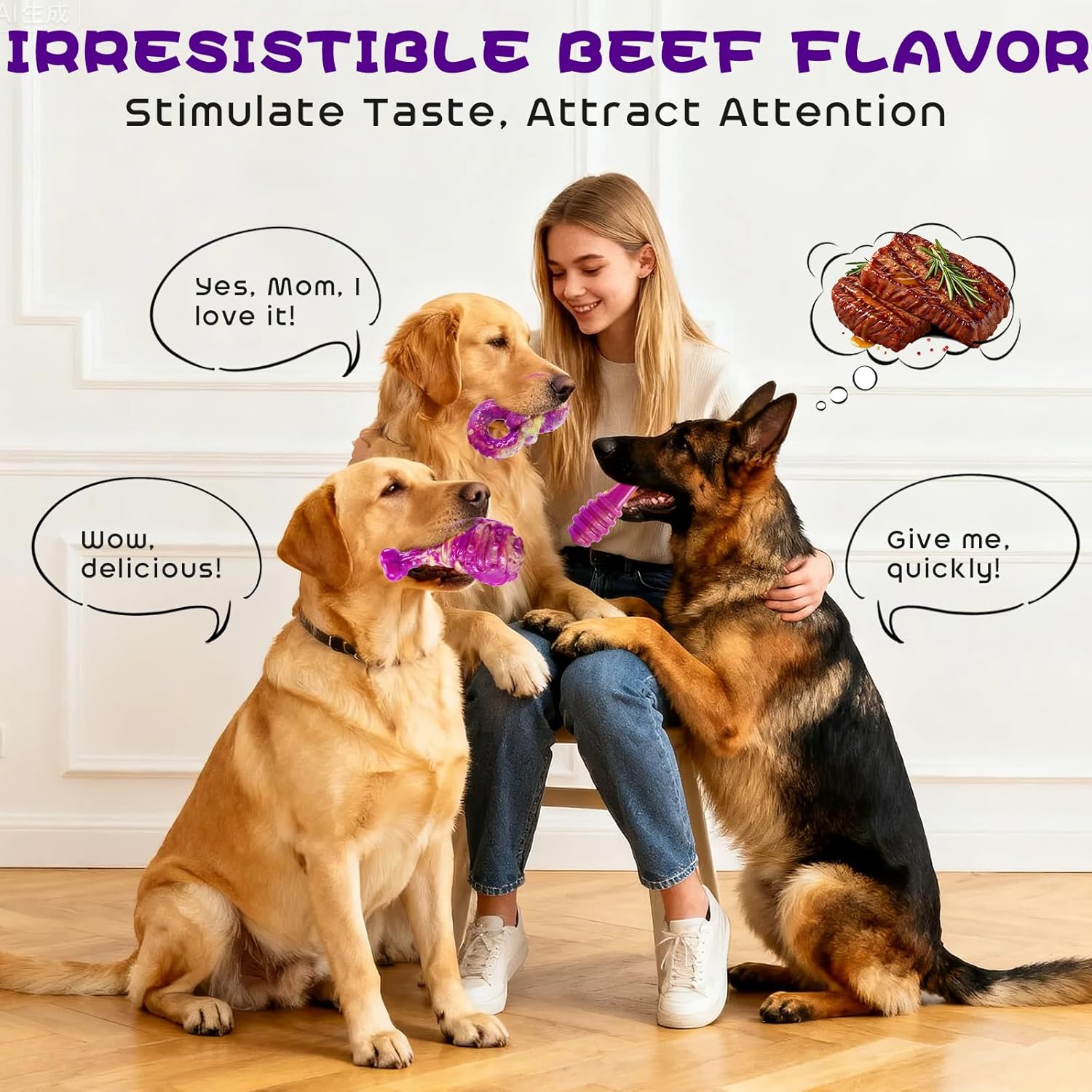WinTour Dog Chew Toys for Aggressive Chewers 3 Pack, Indestructible Dog Toy to Keep Them Busy, Tough Dog Toys for Aggressive Chewers for Small, Medium and Large Breeds, Beef Flavor, Purple - Image 4