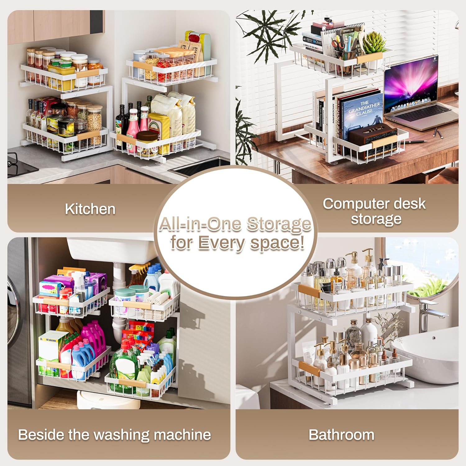 ADBIU Under Sink Organizer 2 Pack, Adjustable Height (11"-15.75") Under Cabinet Storage, 2 Tier Pull Out Sliding Drawers for Kitchen Bathroom, Heavy Duty Metal Shelf, White - Image 3