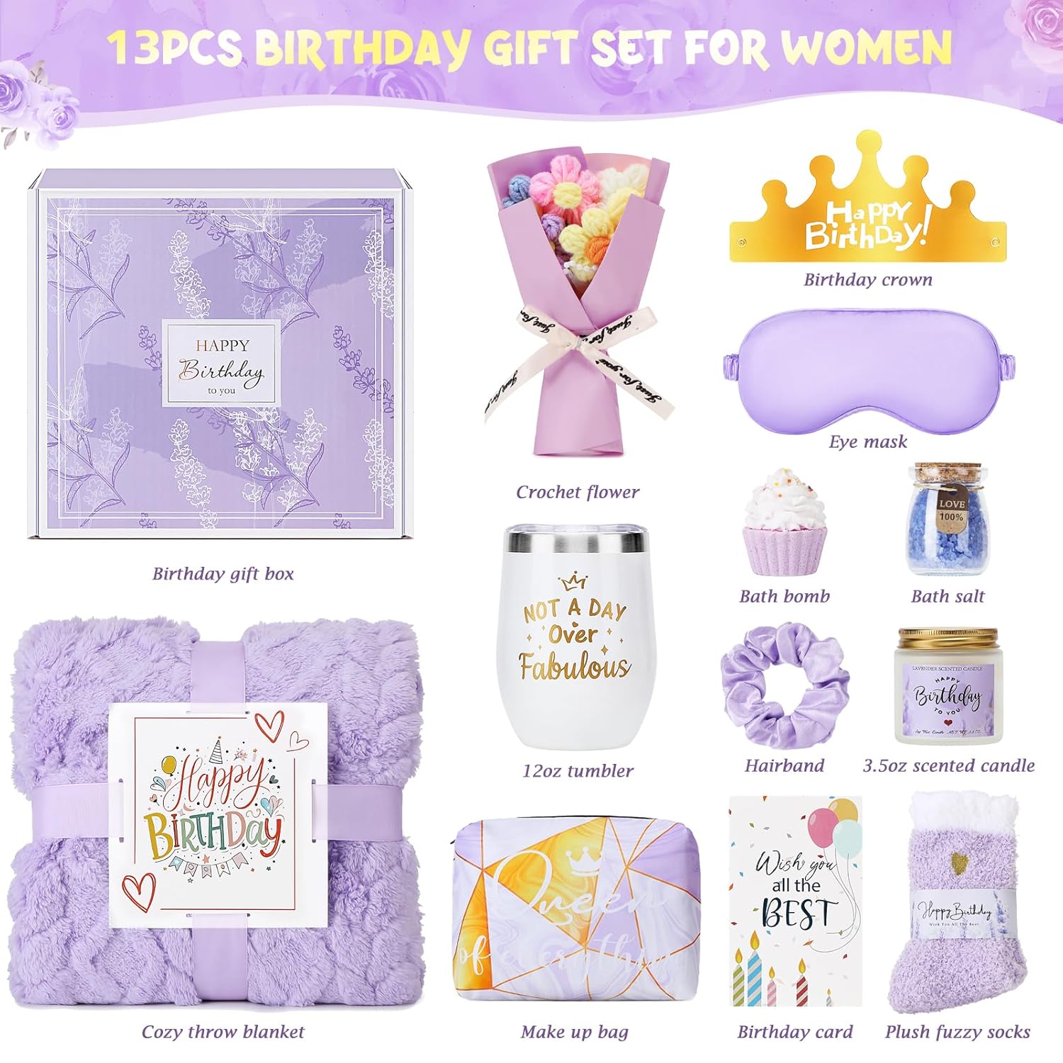 Birthday Gifts for Women, 13PCS Unique Happy Birthday Gifts Basket for Mom Her Best Friend Sister Wife Girlfriend Coworker Bestie, Luxury Self Care Box Relaxing Spa Gifts Set (Lavender) - Image 2