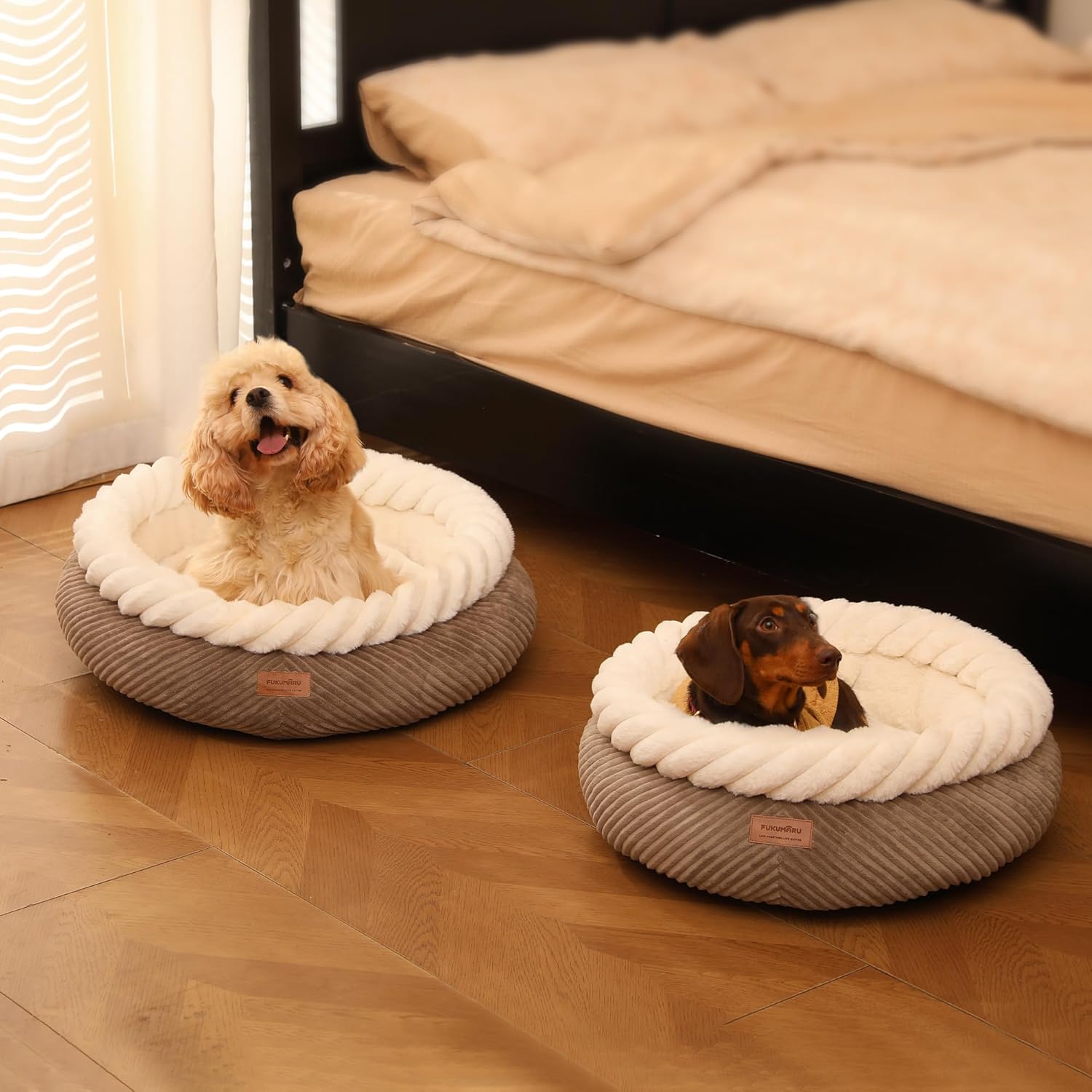 FUKUMARU Cat Bed, Calming Donut Dog Beds, Plush Faux Fur&Corduroy Kitten Beds, Cute Round Washable Pet Bed for Large Cats and Puppy, Cat Cave with Anti-Slip Bottom, 21inch, Camel - Image 8