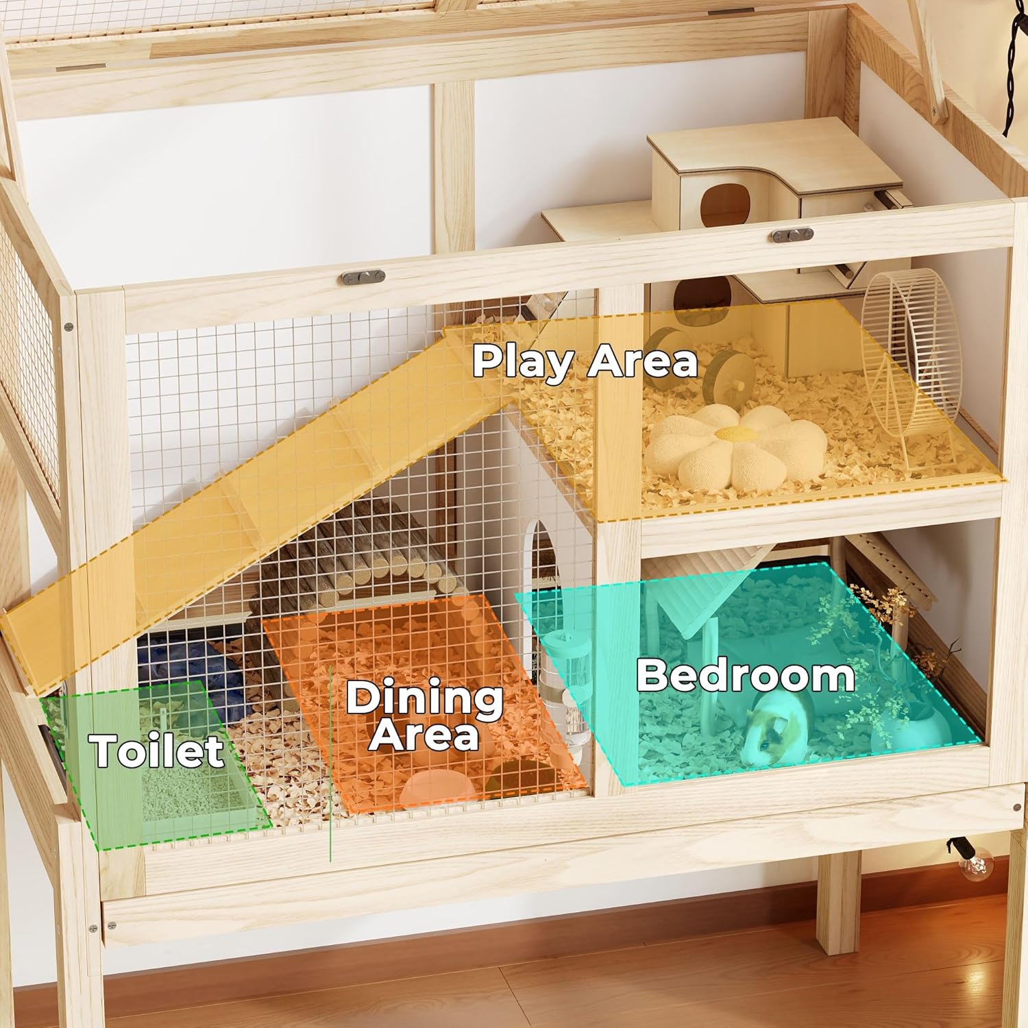 Guinea Pig Cages for 2, Small Animals Rabbit Cages with a Pull Out Tray, Large Wooden Indoor 2-Story Hamster House, Guinea Pig Hideout Habitat Playpen with Ramp, Platform, Natural - Image 7